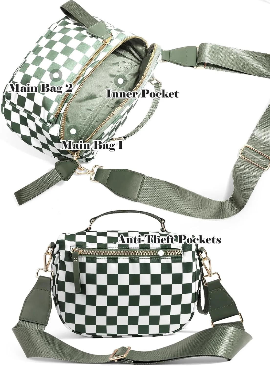 Checkered Crossbody Bag Bum Bag For Women,Spacious Checkered Purse Fanny Packs,Upgraded Version With Carry Handle (Handle Checkered - Bean Green)