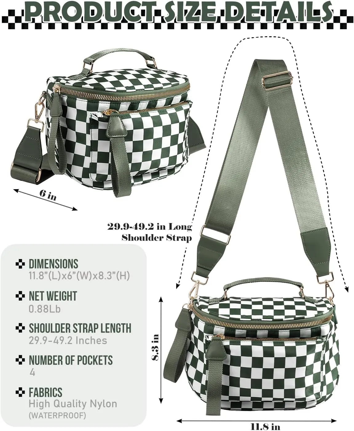 Checkered Crossbody Bag Bum Bag For Women,Spacious Checkered Purse Fanny Packs,Upgraded Version With Carry Handle (Handle Checkered - Bean Green)
