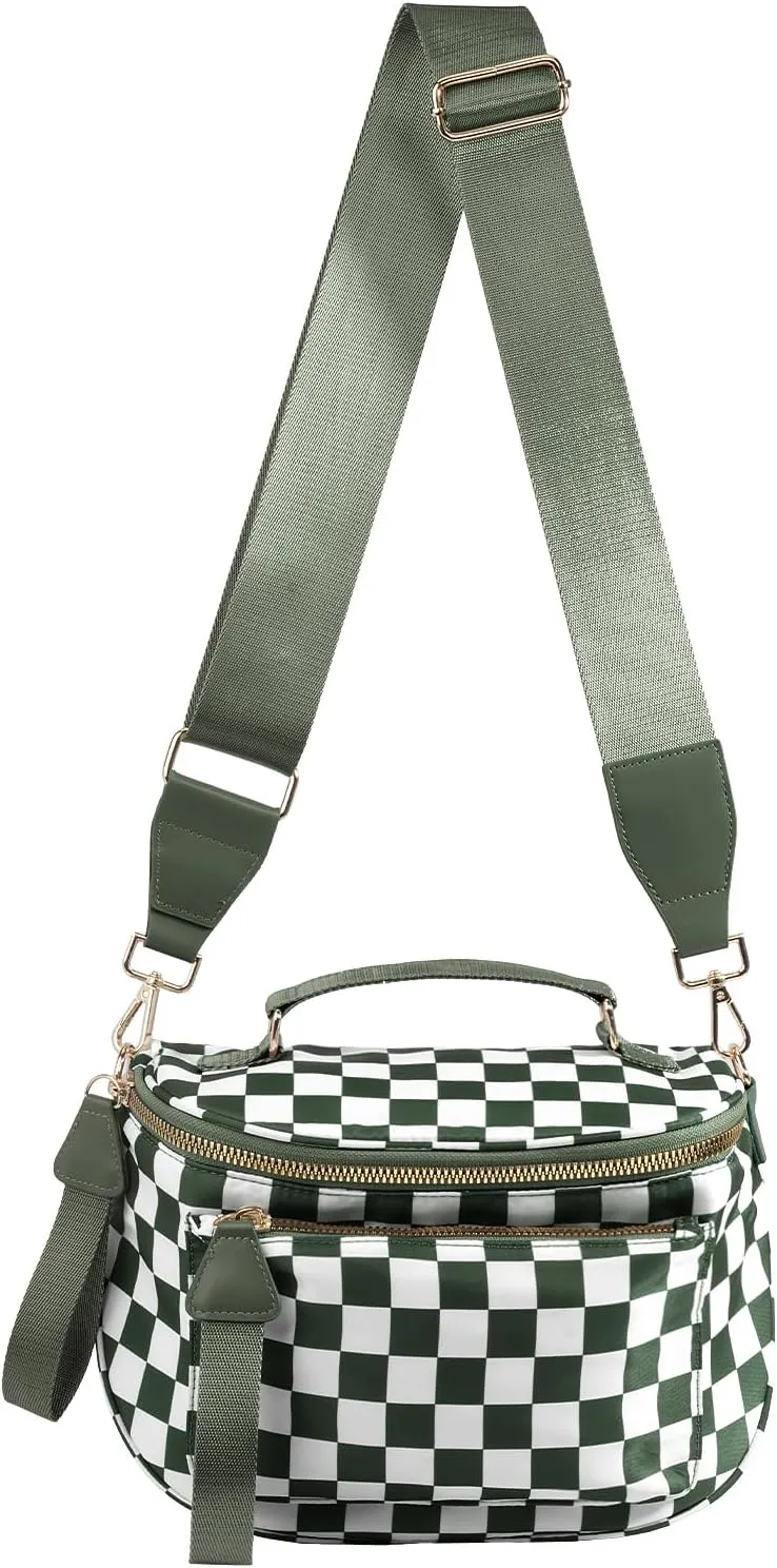 Checkered Crossbody Bag Bum Bag For Women,Spacious Checkered Purse Fanny Packs,Upgraded Version With Carry Handle (Handle Checkered - Bean Green)