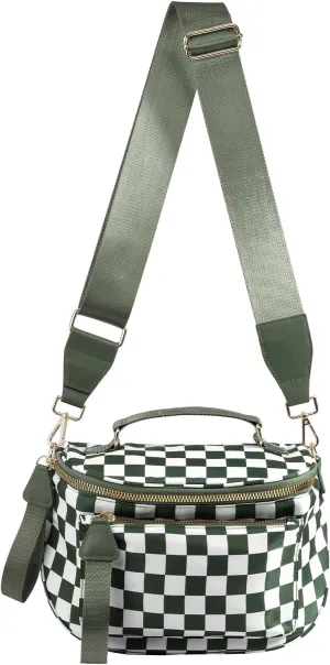 Checkered Crossbody Bag Bum Bag For Women,Spacious Checkered Purse Fanny Packs,Upgraded Version With Carry Handle (Handle Checkered - Bean Green)