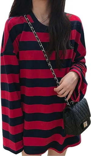 Chvity Womens Harajuku Long Sleeve Oversized T Shirts for Women Casual Crewneck Color Block Stripe Tops