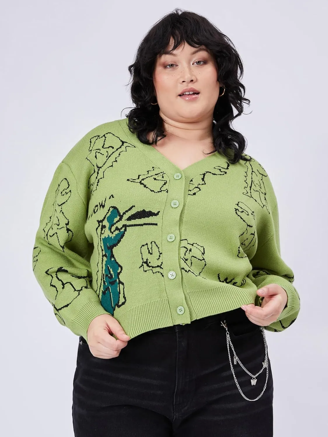 CIDER Women’s Dinosaur Cardigan Graphic Streetwear Cute Patterned Preppy Sweater