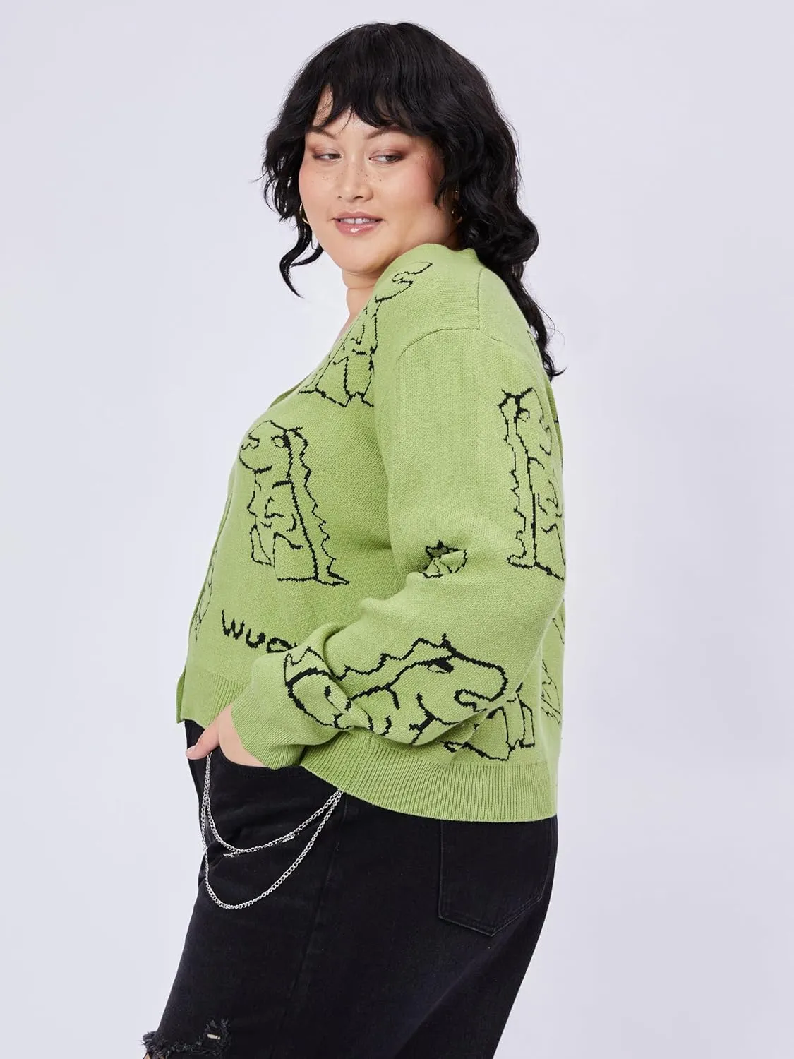 CIDER Women’s Dinosaur Cardigan Graphic Streetwear Cute Patterned Preppy Sweater