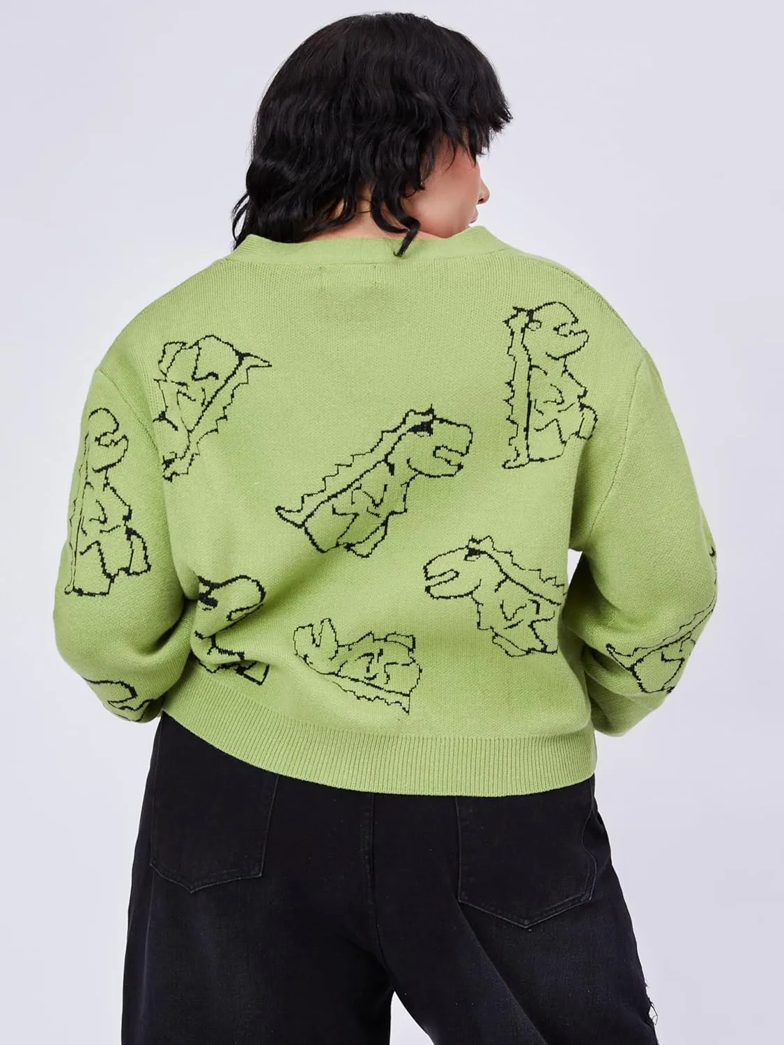CIDER Women’s Dinosaur Cardigan Graphic Streetwear Cute Patterned Preppy Sweater