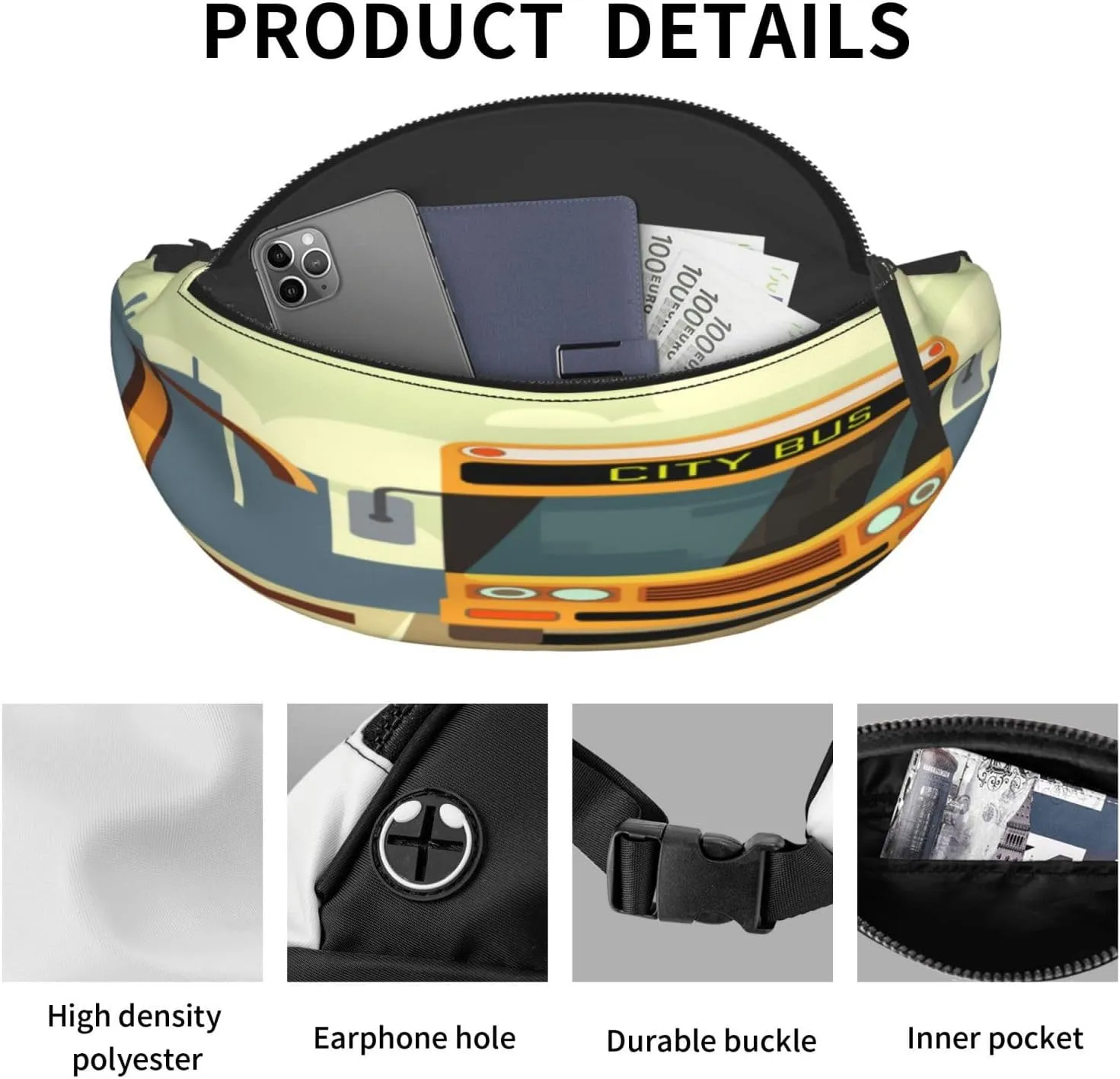 City Bus Skyline Fanny Pack, Crossbody Waist Packs for Women Men Waist Bags with Adjustable Strap for Travel Running Hiking Sport