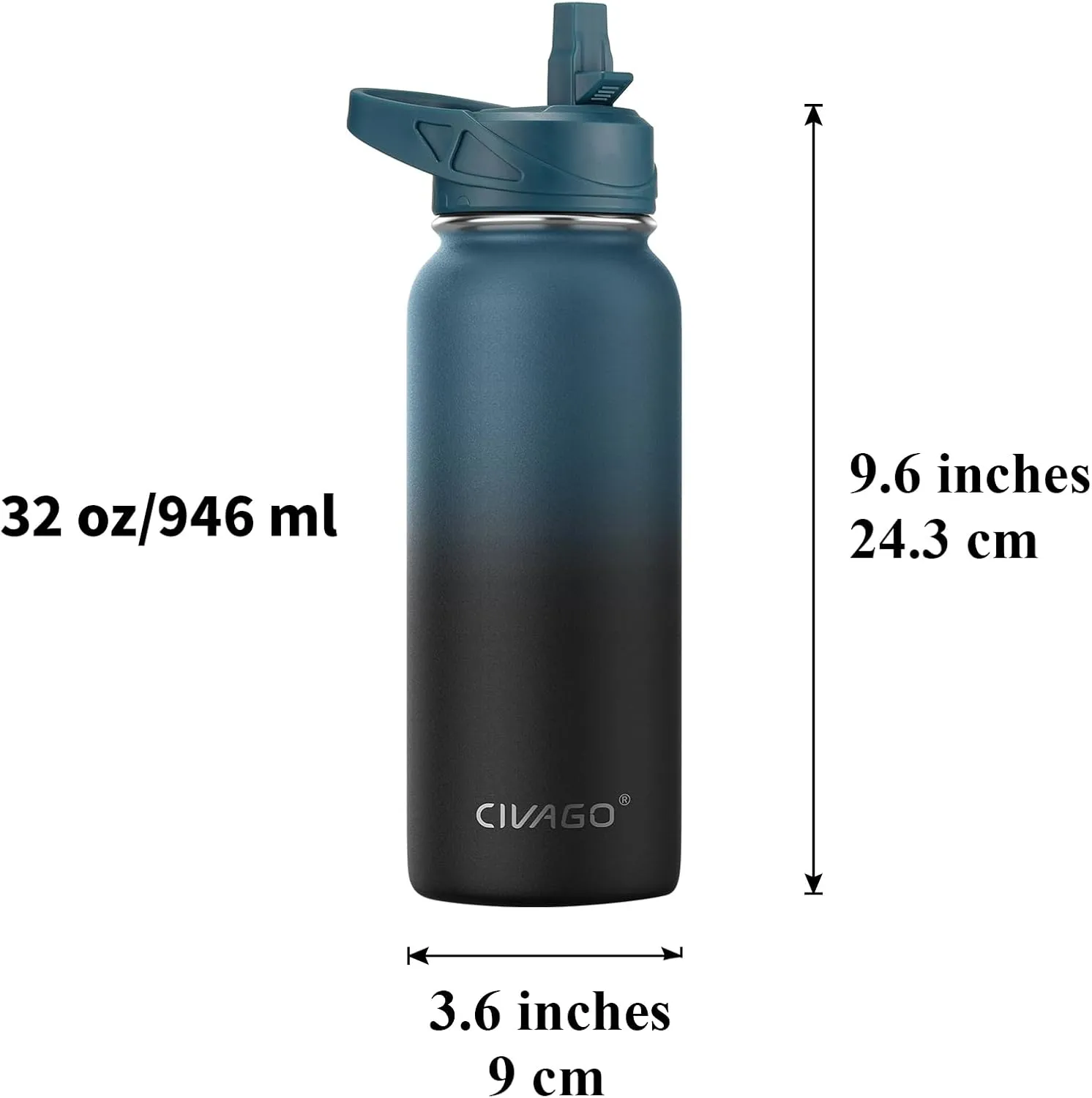 CIVAGO 32 oz Insulated Water Bottle With Straw, Stainless Steel Sports Water Cup Flask with 3 Lids (Straw, Spout and Handle Lid), Wide Mouth Travel Thermal Mug, Navy Blue
