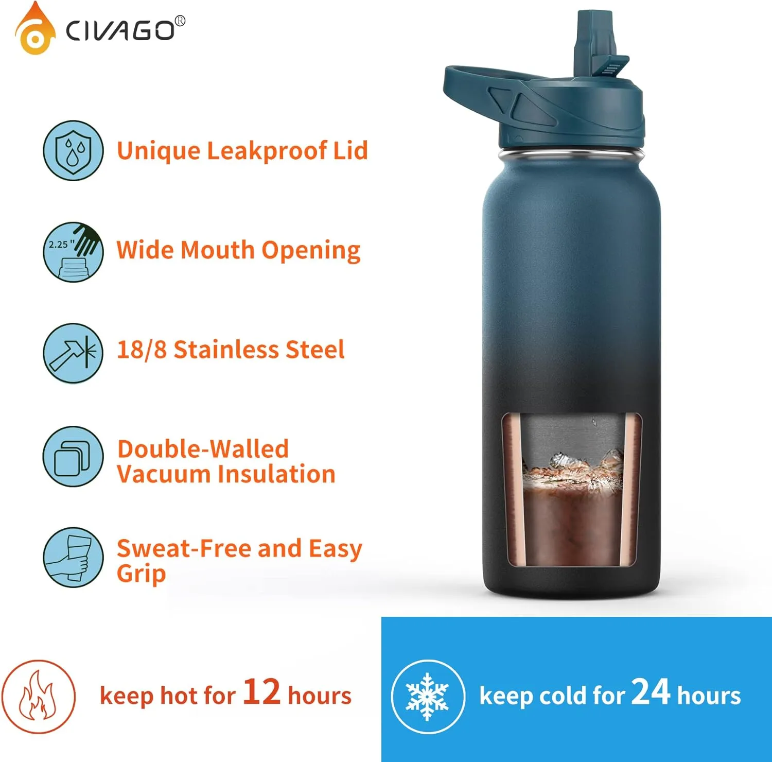 CIVAGO 40 oz Insulated Water Bottle With Straw, Stainless Steel Sports Water Cup Flask with 3 Lids (Straw, Spout and Handle Lid), Double Walled Travel Thermal Canteen Mug, Indigo Black