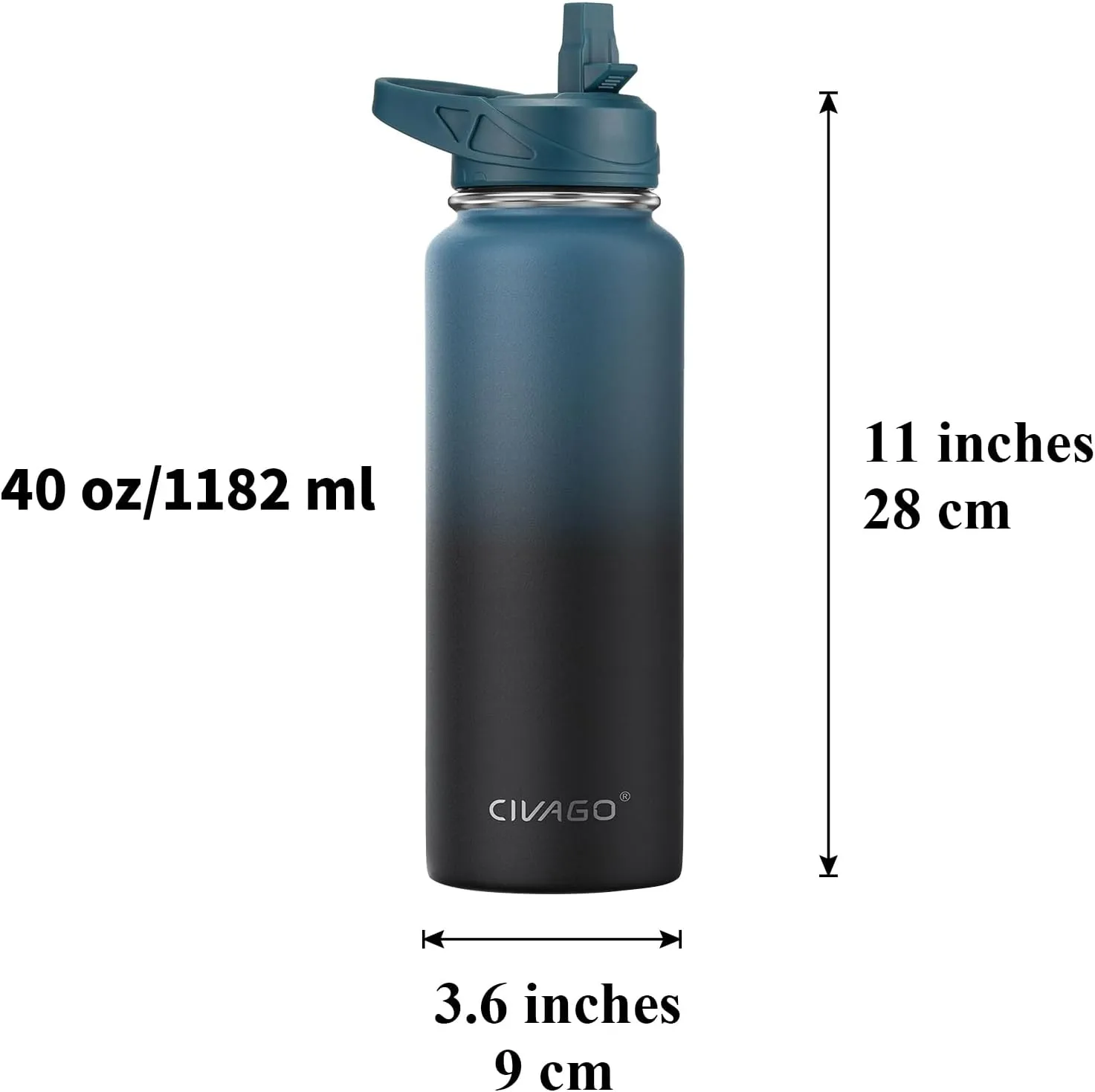CIVAGO 40 oz Insulated Water Bottle With Straw, Stainless Steel Sports Water Cup Flask with 3 Lids (Straw, Spout and Handle Lid), Double Walled Travel Thermal Canteen Mug, Indigo Black