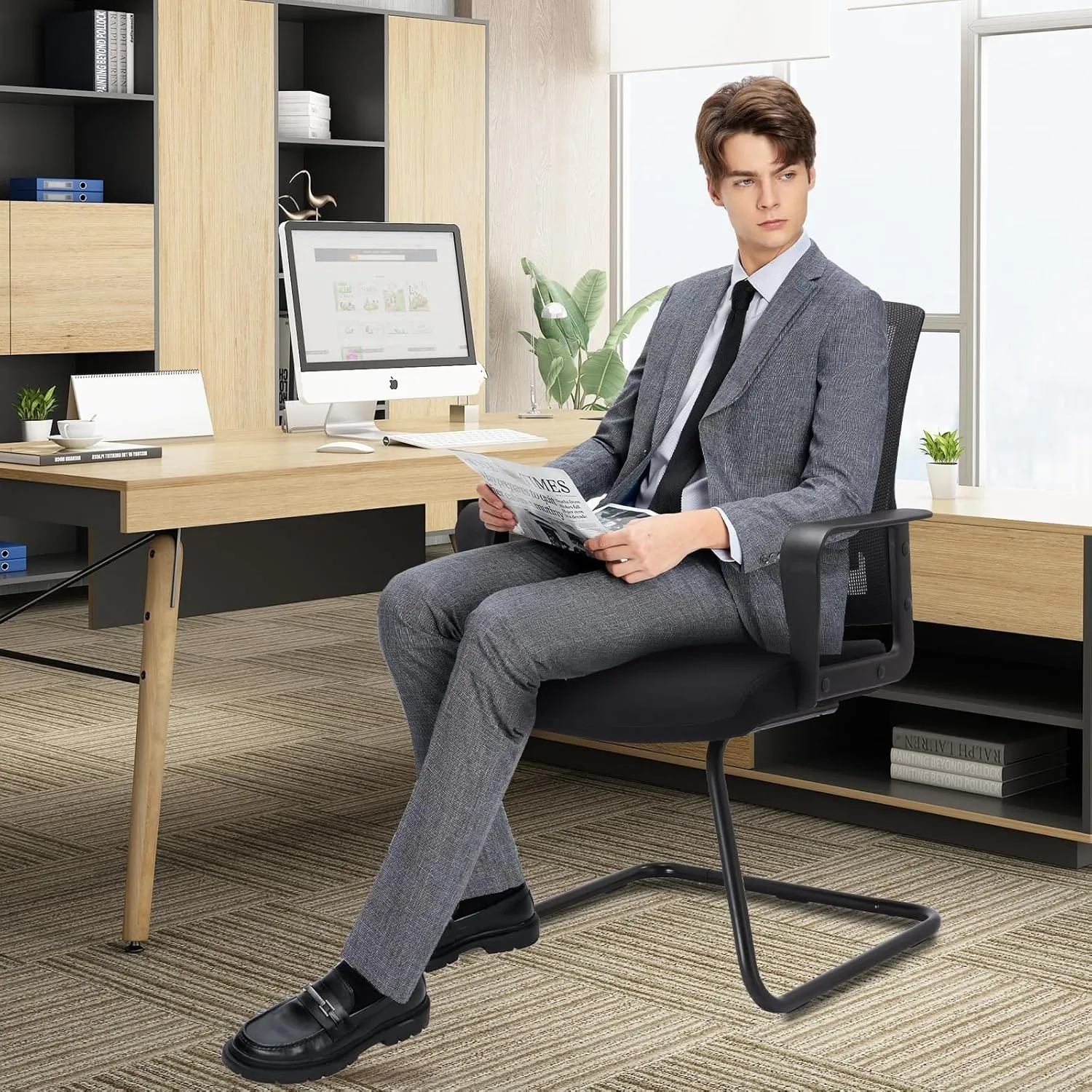CLATINA Office Guest Chairs for Conference Room with Mid Back Mesh Space Air Grid Series and Lumbar Support Reception Black