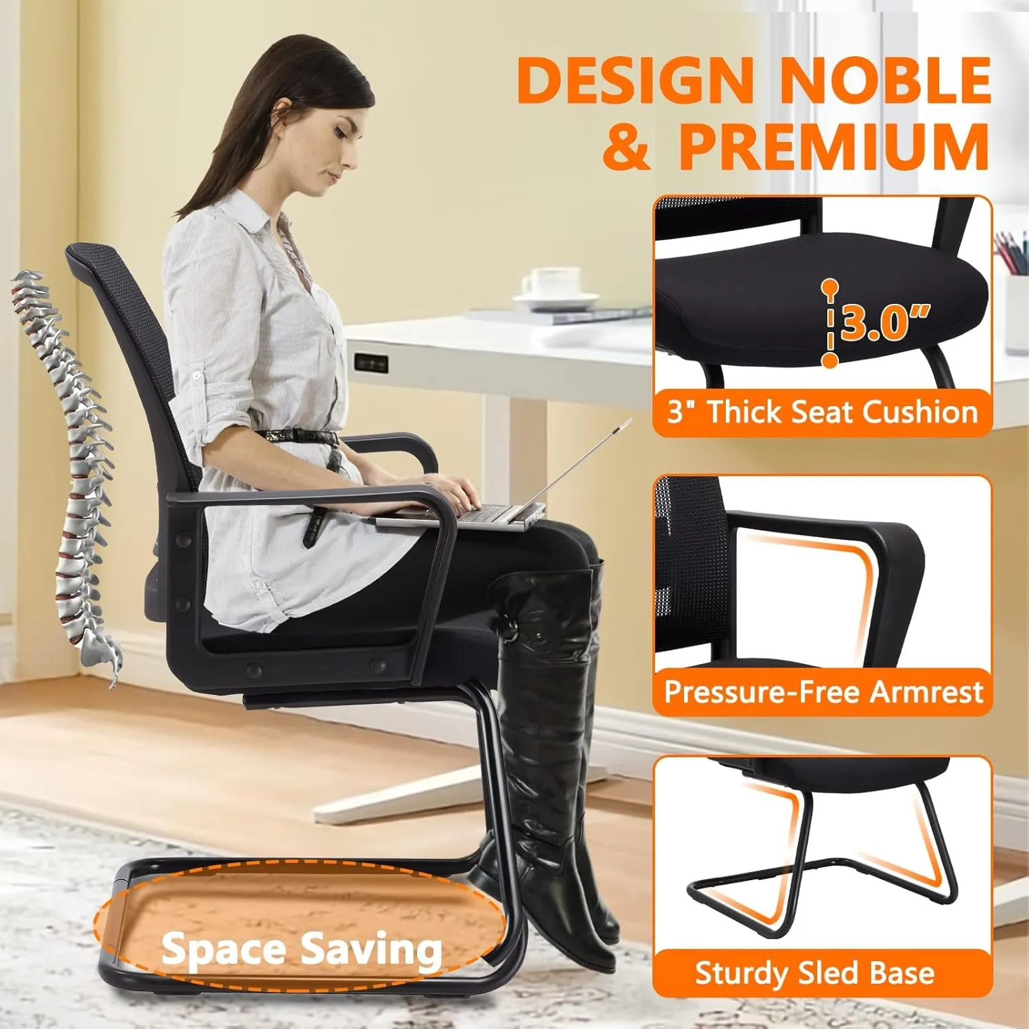 CLATINA Office Guest Chairs for Conference Room with Mid Back Mesh Space Air Grid Series and Lumbar Support Reception Black