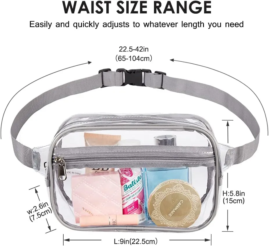 Clearworld Fanny Pack, Clear Fanny Pack for Women Men, Stadium Approved Waist Pack with Adjustable Strap,Fashion Belt Bag for Festival, Games,Travel and Concerts,Gray