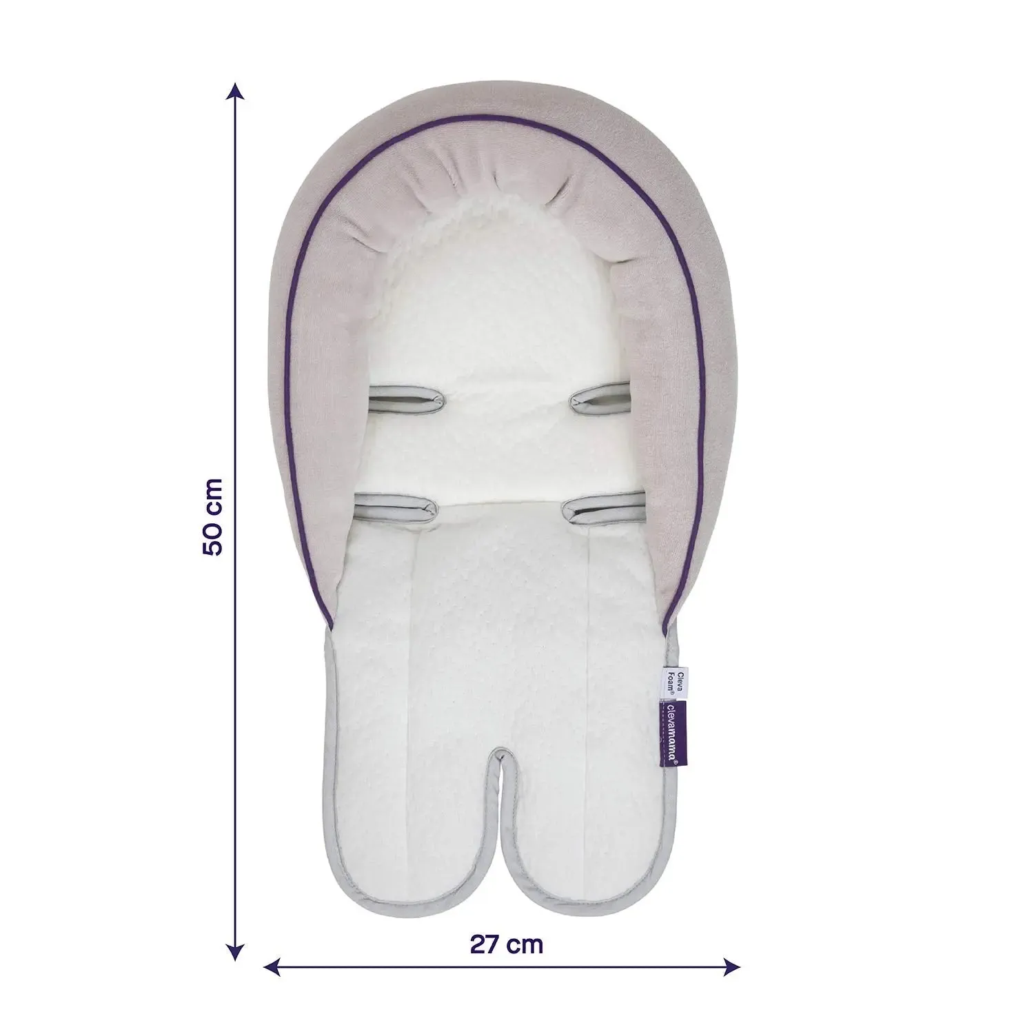 ClevaMama Car Seat Insert Cushion, Baby and Infant Head and Neck Support in ClevaFoam, Liner for Stroller and Bouncer ( 0 Months) - Grey/Purple, 27x50 cm