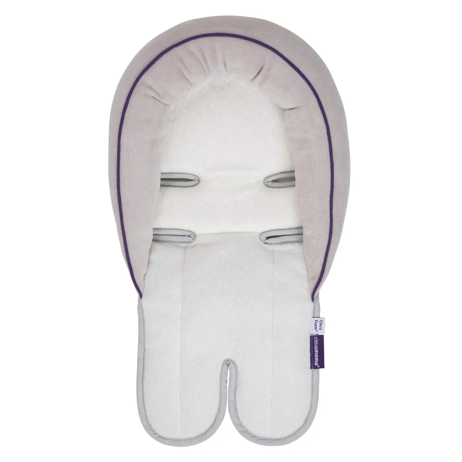 ClevaMama Car Seat Insert Cushion, Baby and Infant Head and Neck Support in ClevaFoam, Liner for Stroller and Bouncer ( 0 Months) - Grey/Purple, 27x50 cm