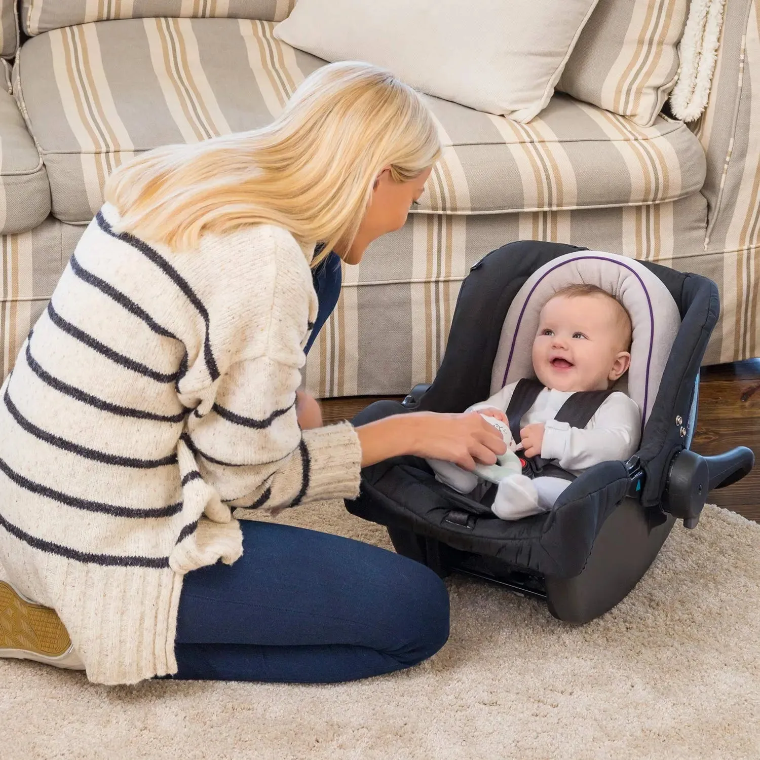 ClevaMama Car Seat Insert Cushion, Baby and Infant Head and Neck Support in ClevaFoam, Liner for Stroller and Bouncer ( 0 Months) - Grey/Purple, 27x50 cm