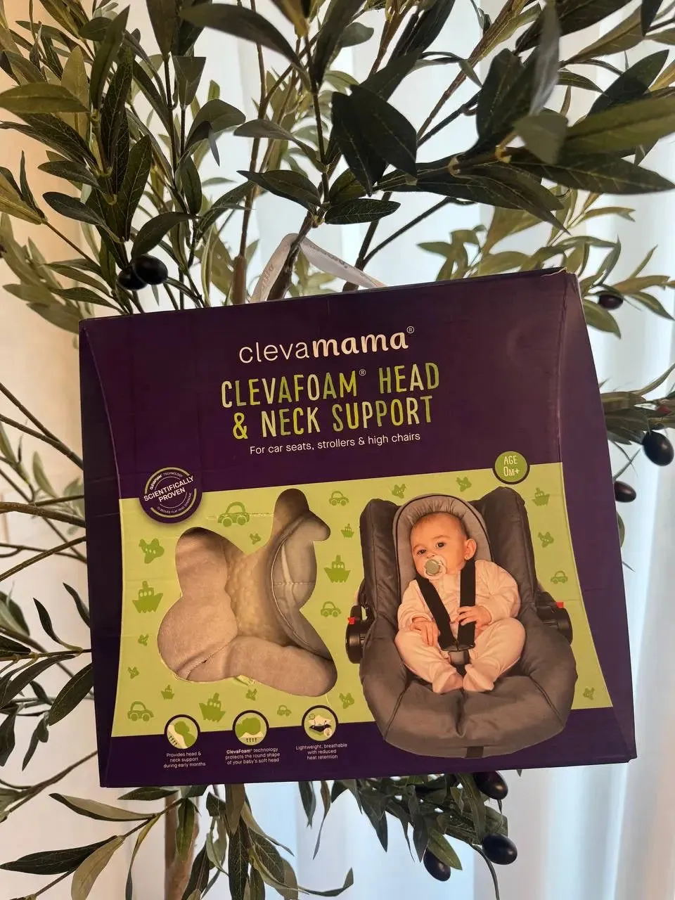 ClevaMama Car Seat Insert Cushion, Baby and Infant Head and Neck Support in ClevaFoam, Liner for Stroller and Bouncer ( 0 Months) - Grey/Purple, 27x50 cm