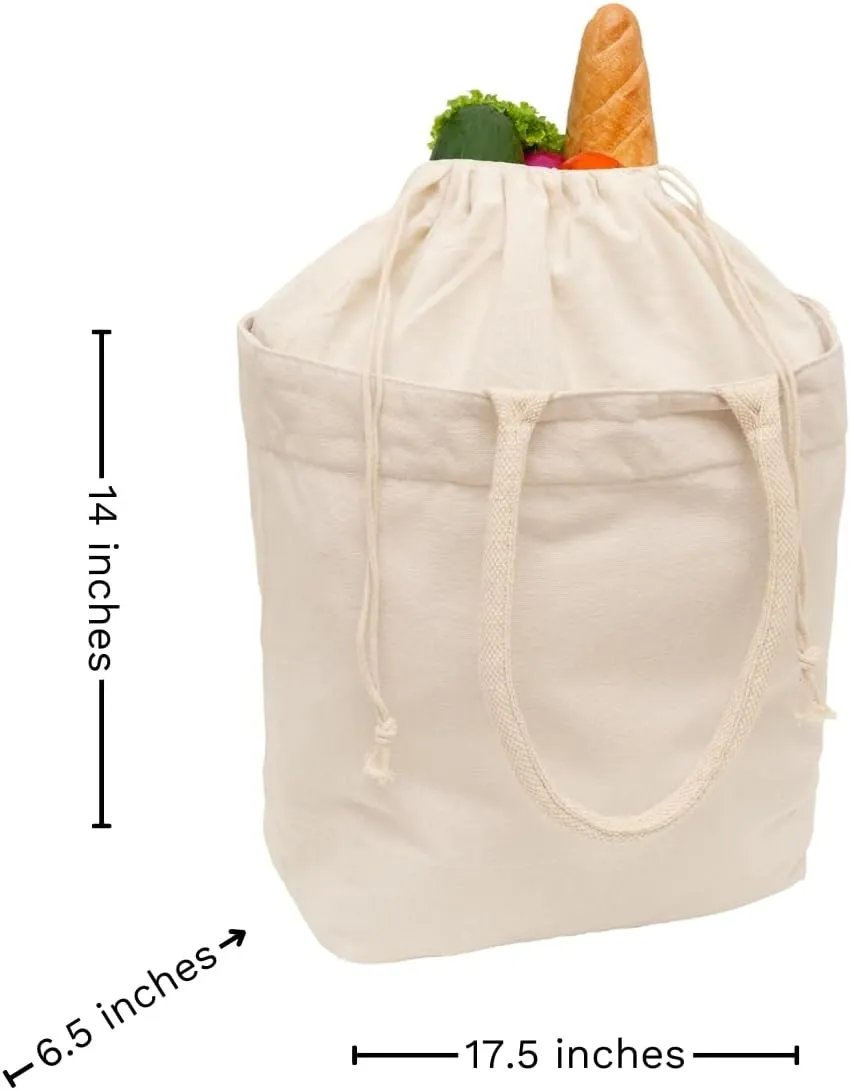 Cloth Grocery Bags with Handles - 100% Sturdy Canvas Cotton, 70 Lb Capacity Tote Bags with Overflow Protection Using Drawstring Closure - Soft Rope Handles to Carry Groceries Conveniently (2 Bags)