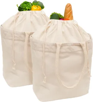 Cloth Grocery Bags with Handles - 100% Sturdy Canvas Cotton, 70 Lb Capacity Tote Bags with Overflow Protection Using Drawstring Closure - Soft Rope Handles to Carry Groceries Conveniently (2 Bags)