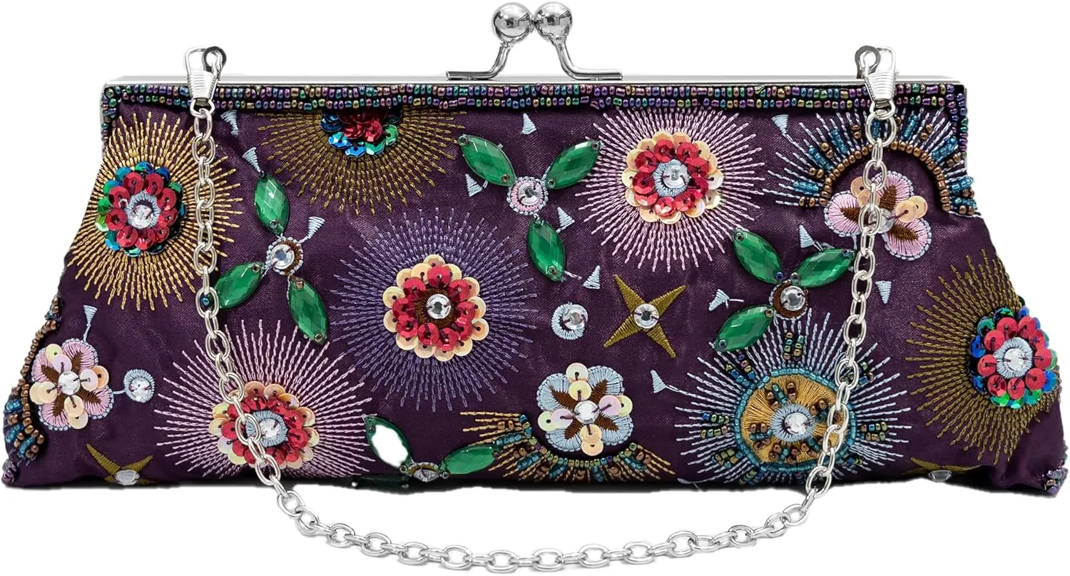 Colorful Floral Leaves Embroidered Sequined Clutch Purse Small Flower Prom Purse Wedding Handbag Women Evening Bag