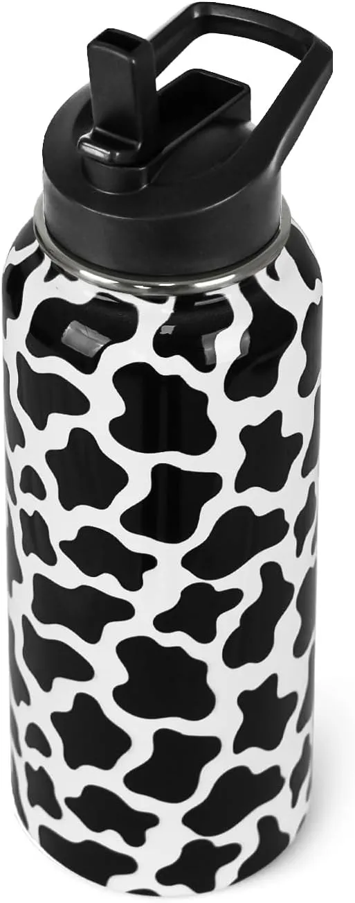 Cow Print Water Bottle With Straws - Double Walled Vacuum Insulated Sports Bottle, Travel Thermal Cup, Leak Proof Stainless Steel Tumbler, Cow Decor Gifts - 32 OZ