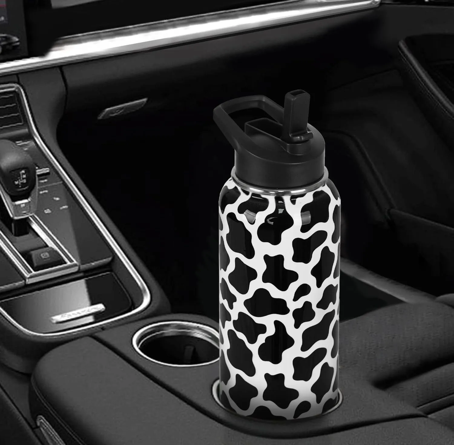 Cow Print Water Bottle With Straws - Double Walled Vacuum Insulated Sports Bottle, Travel Thermal Cup, Leak Proof Stainless Steel Tumbler, Cow Decor Gifts - 32 OZ