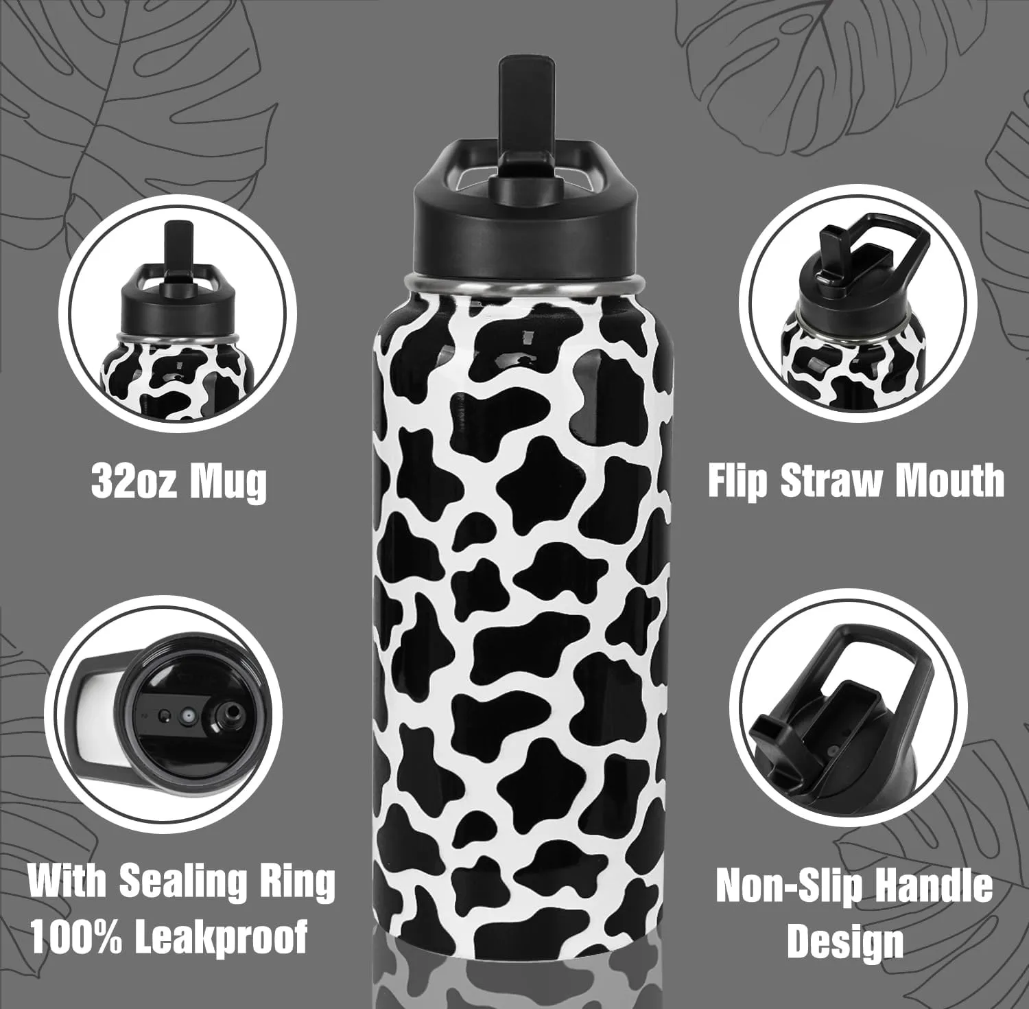 Cow Print Water Bottle With Straws - Double Walled Vacuum Insulated Sports Bottle, Travel Thermal Cup, Leak Proof Stainless Steel Tumbler, Cow Decor Gifts - 32 OZ