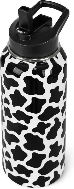 Cow Print Water Bottle With Straws - Double Walled Vacuum Insulated Sports Bottle, Travel Thermal Cup, Leak Proof Stainless Steel Tumbler, Cow Decor Gifts - 32 OZ