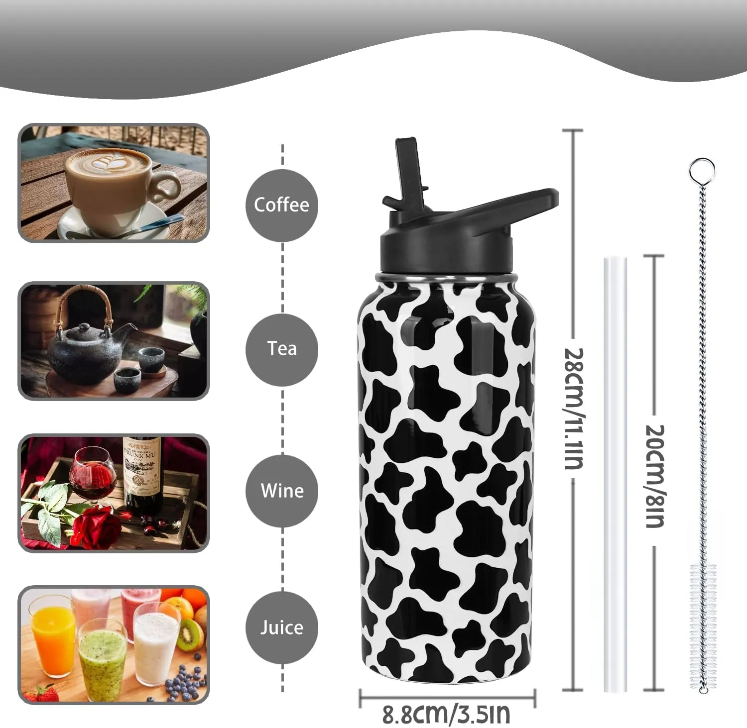 Cow Print Water Bottle With Straws - Double Walled Vacuum Insulated Sports Bottle, Travel Thermal Cup, Leak Proof Stainless Steel Tumbler, Cow Decor Gifts - 32 OZ