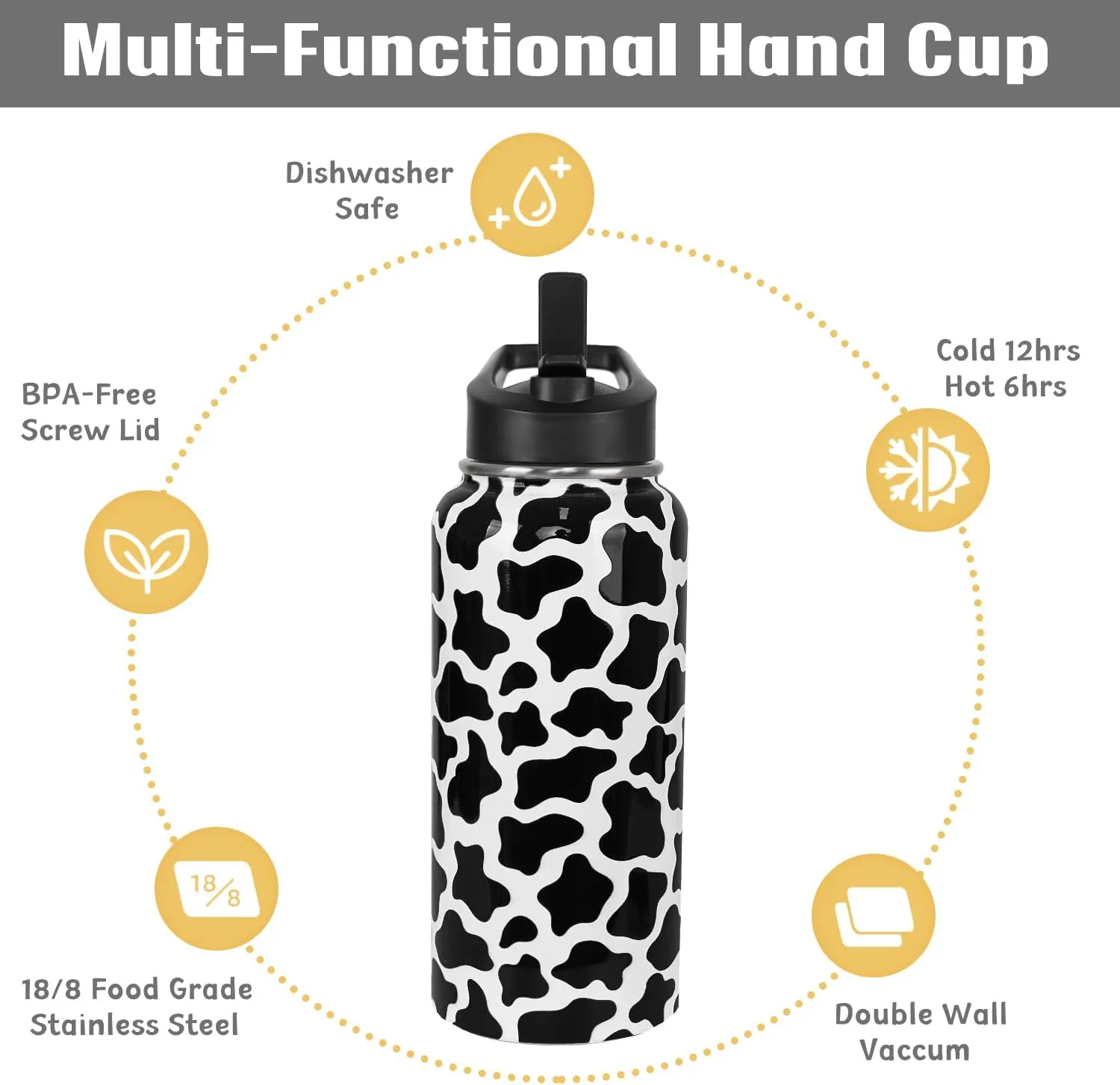 Cow Print Water Bottle With Straws - Double Walled Vacuum Insulated Sports Bottle, Travel Thermal Cup, Leak Proof Stainless Steel Tumbler, Cow Decor Gifts - 32 OZ