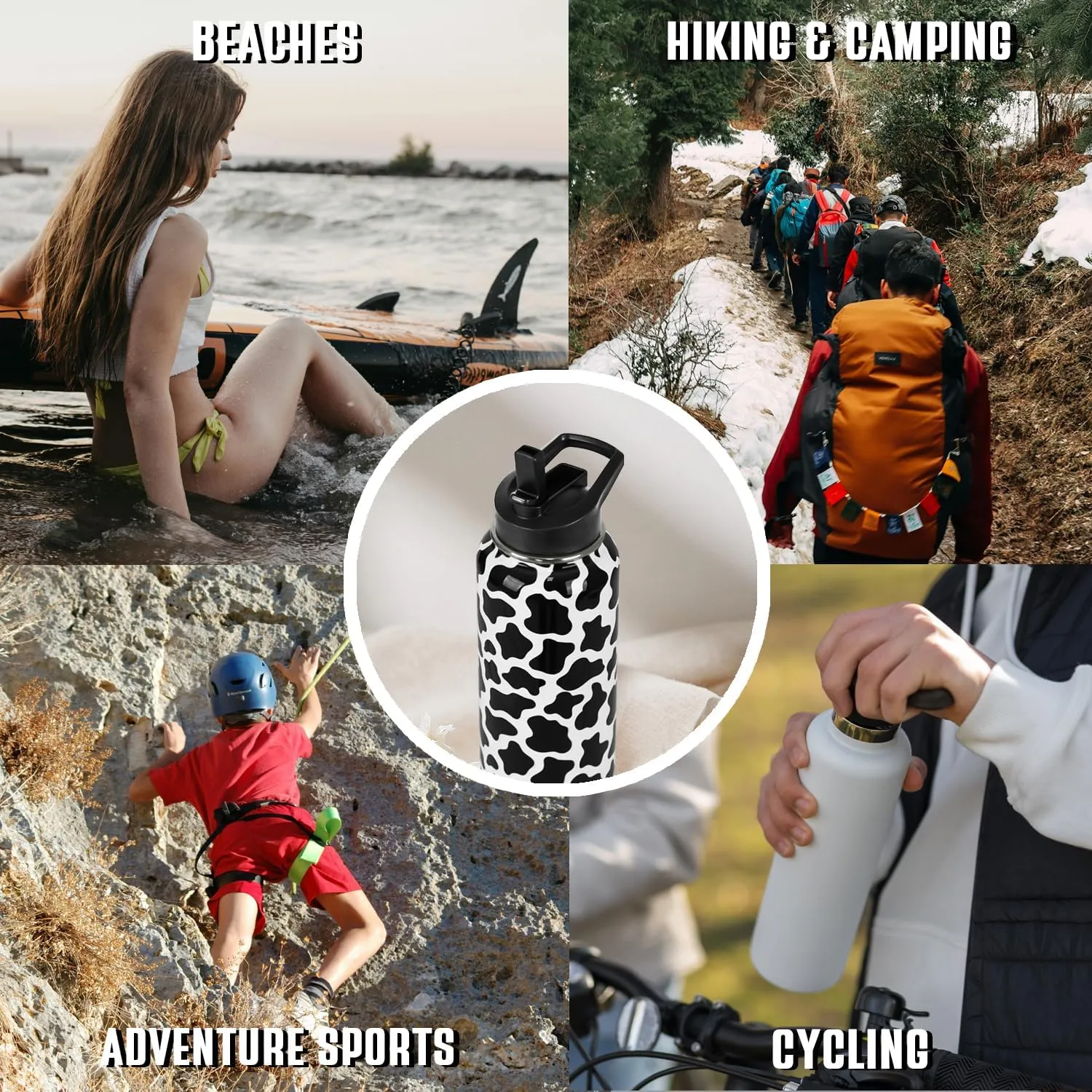 Cow Print Water Bottle With Straws - Double Walled Vacuum Insulated Sports Bottle, Travel Thermal Cup, Leak Proof Stainless Steel Tumbler, Cow Decor Gifts - 32 OZ