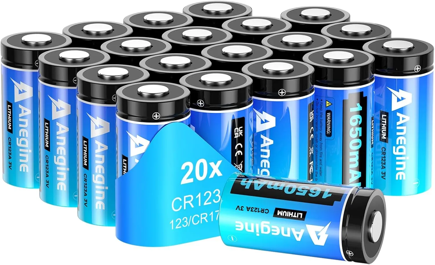 CR123A 3V Lithium Battery 1650mAh, 123A Lithium Batteries 10 Years Shelf Life CR123 3 Volt High Power CR17345 CR17335 Non-Rechargeable (20 Pack)