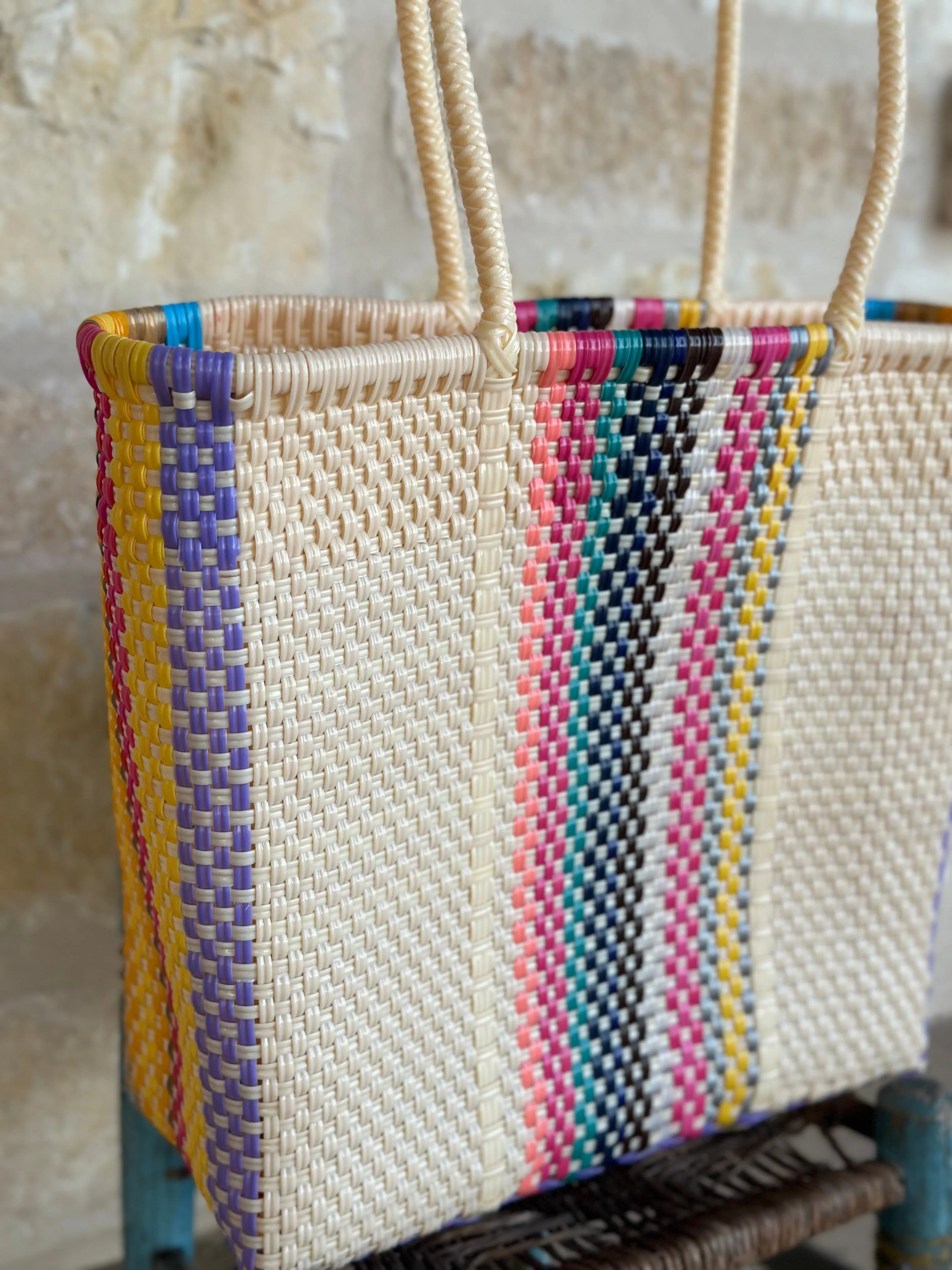 Cream with Multicolor Woven Tote