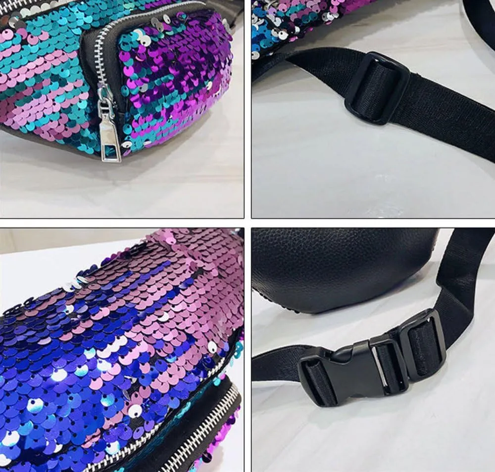 Crossbody Bags Glitter Fanny Pack for Women - Colorful Sequins Waist Pack with Adjustable Strap (Pastel Turquoies)