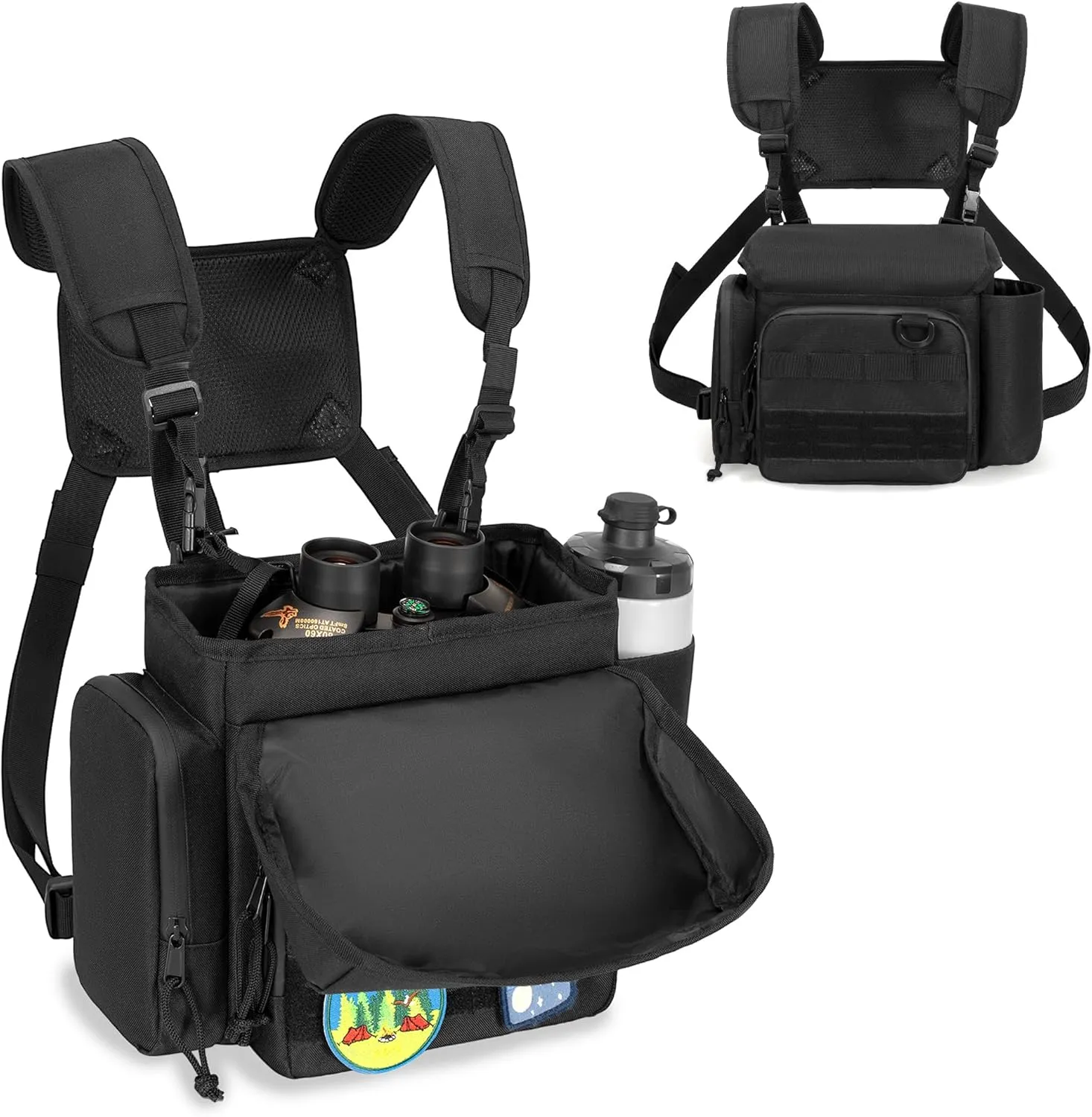 CURMIO Binocular Harness Chest Pack, Binos Case with Adjustable Strap for Bird Watching, Hiking and Shooting, Black(Bag Only)