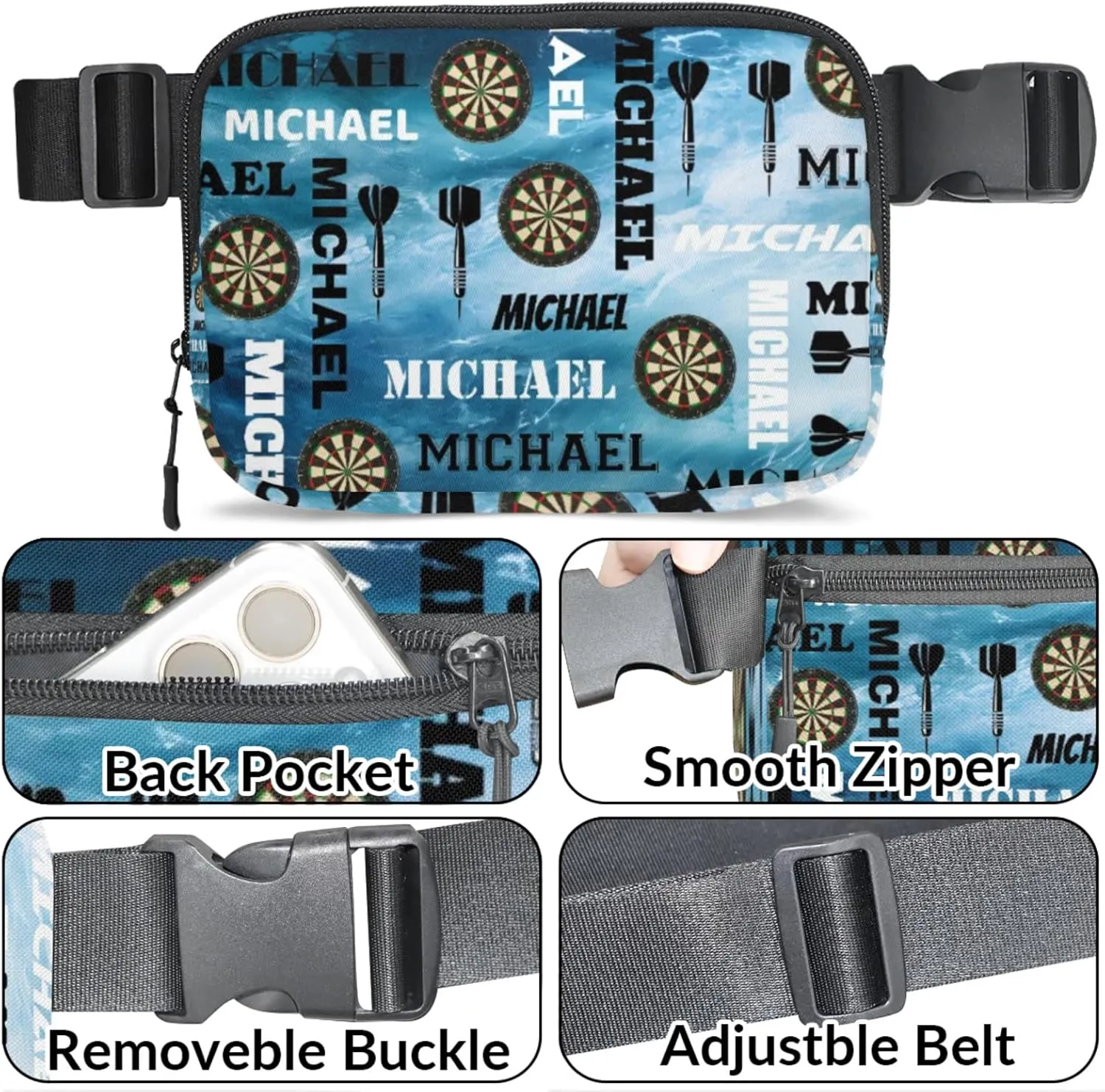 Custom Darts Fanny Pack for Women Men, Personalized Name Waist Packs Crossbody Belt Bag with Adjustable Strap for Sports Travel Workout Running Hiking, Blue Navy