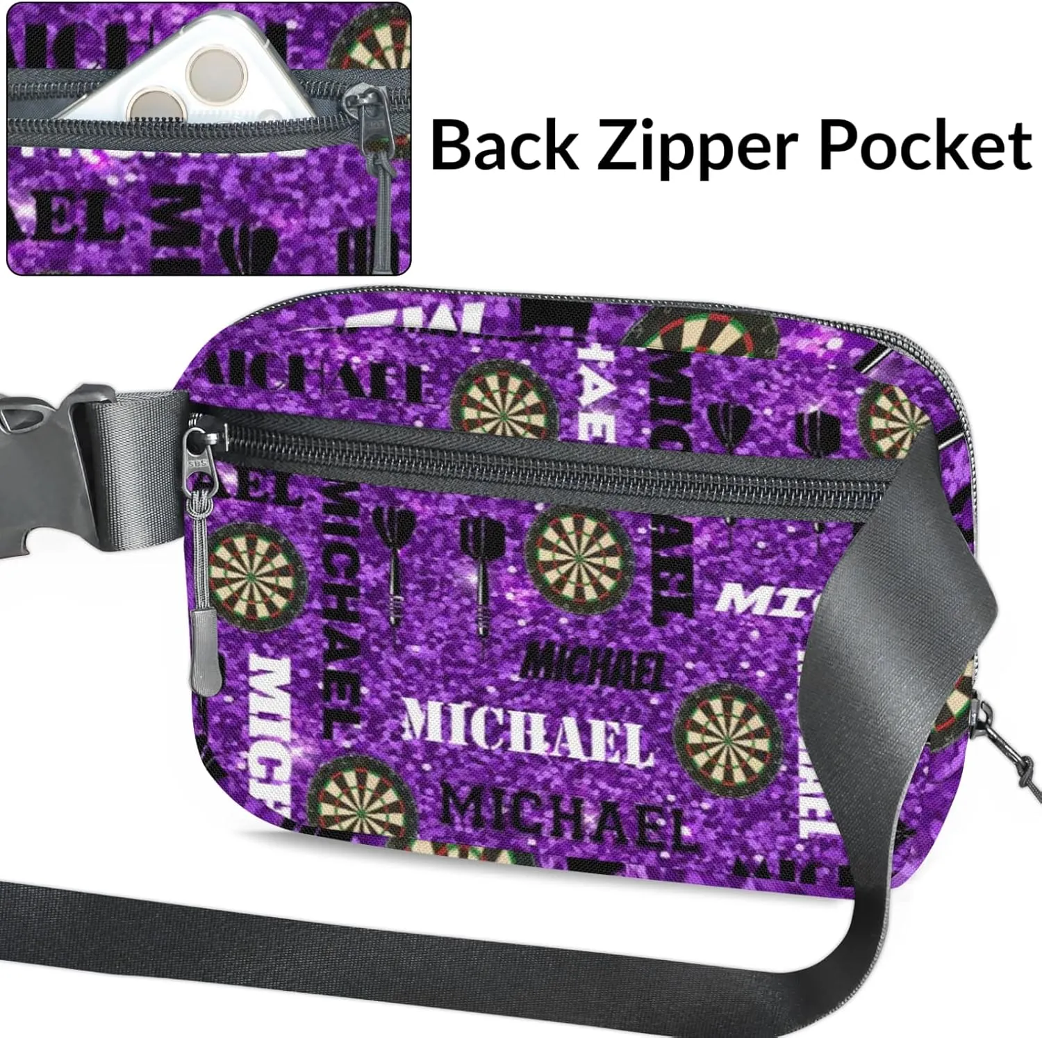 Custom Darts Fanny Pack for Women Men, Personalized Name Waist Packs Crossbody Belt Bag with Adjustable Strap for Sports Travel Workout Running Hiking, Glitter Purple
