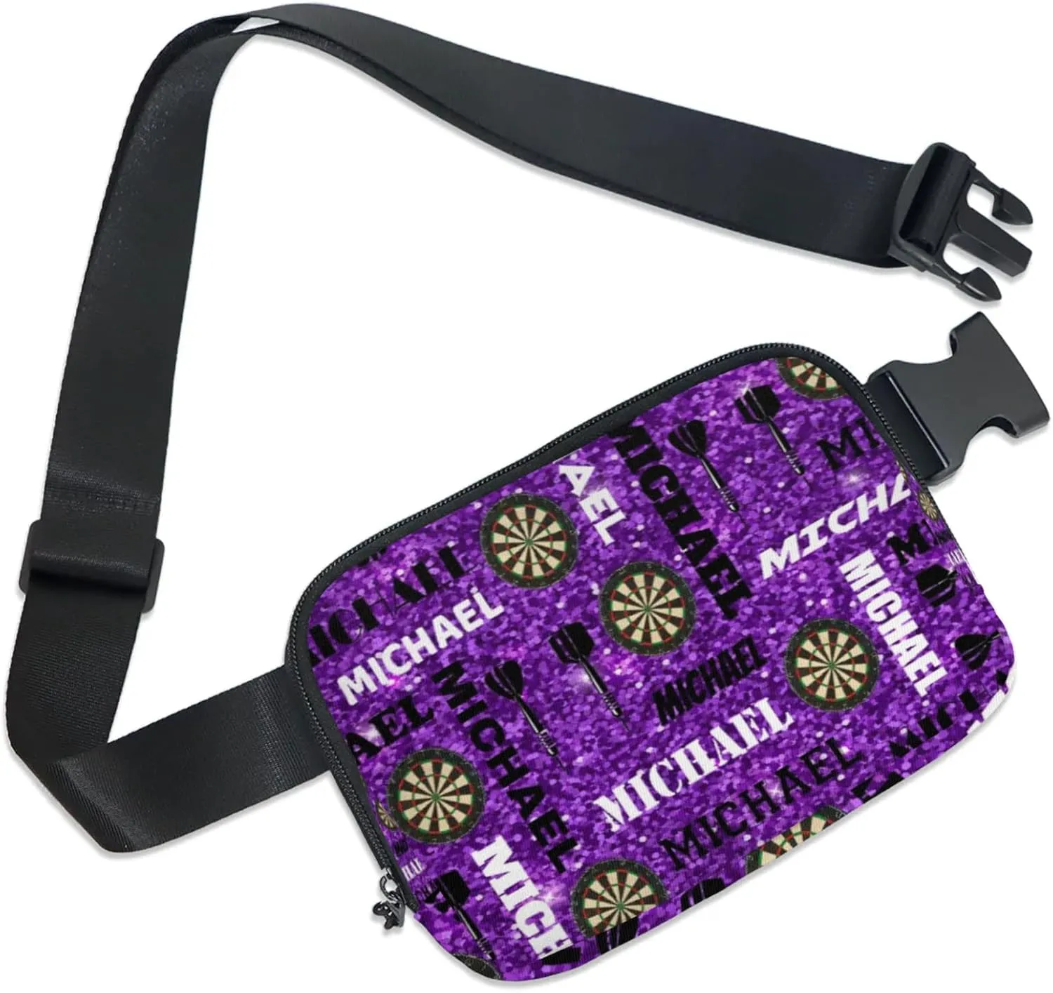Custom Darts Fanny Pack for Women Men, Personalized Name Waist Packs Crossbody Belt Bag with Adjustable Strap for Sports Travel Workout Running Hiking, Glitter Purple