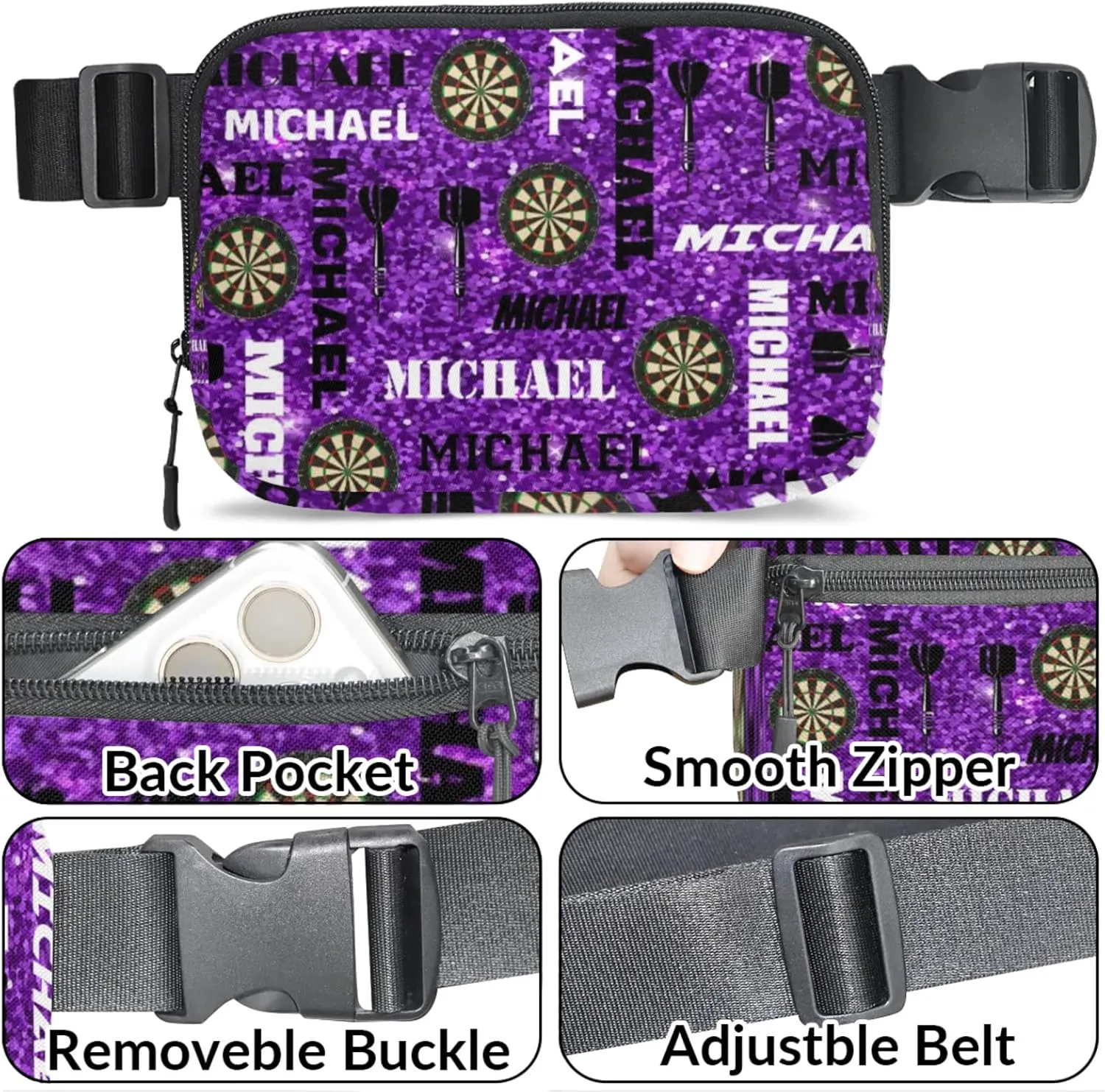 Custom Darts Fanny Pack for Women Men, Personalized Name Waist Packs Crossbody Belt Bag with Adjustable Strap for Sports Travel Workout Running Hiking, Glitter Purple