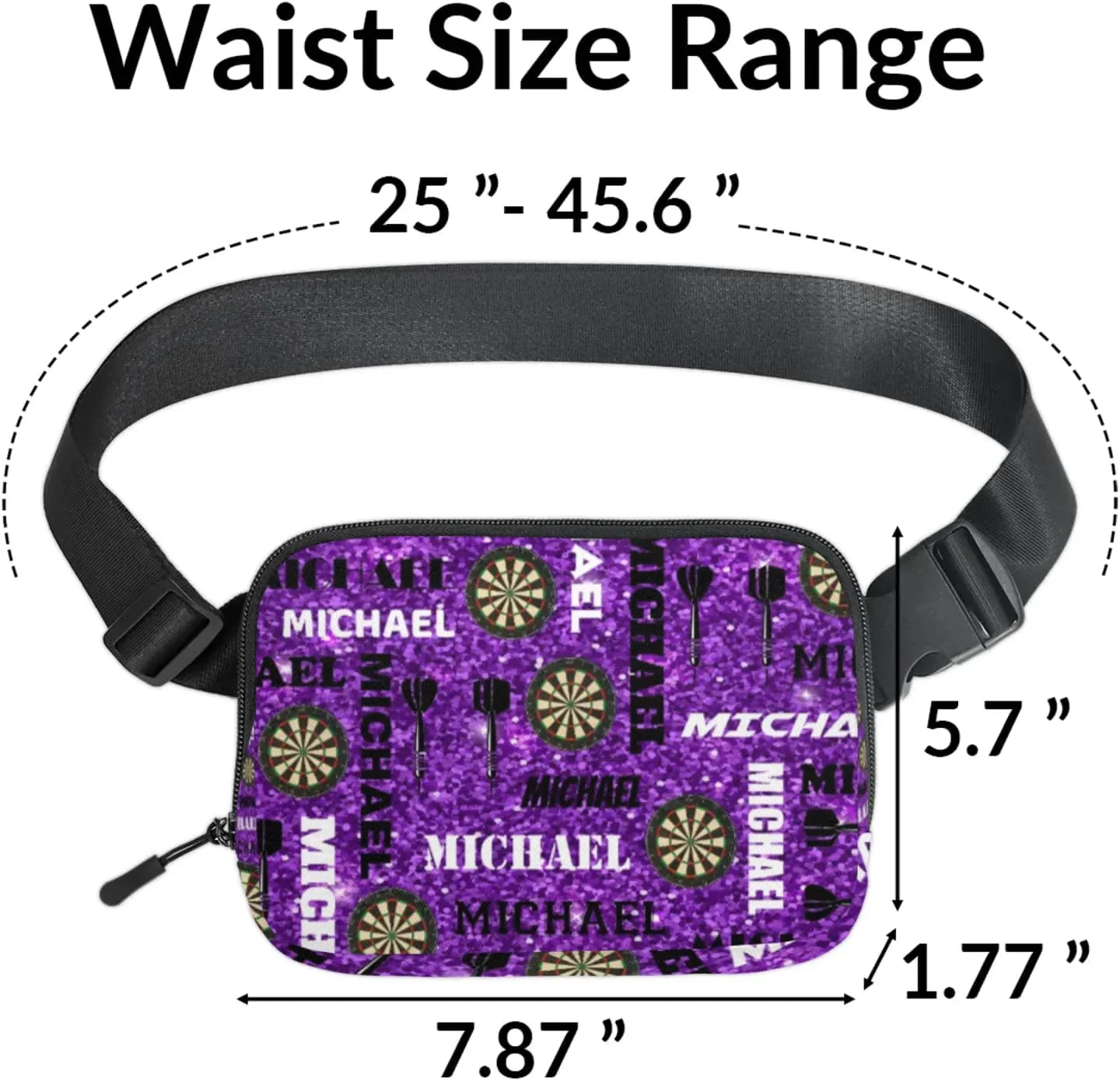 Custom Darts Fanny Pack for Women Men, Personalized Name Waist Packs Crossbody Belt Bag with Adjustable Strap for Sports Travel Workout Running Hiking, Glitter Purple