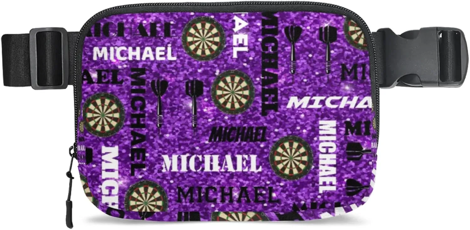 Custom Darts Fanny Pack for Women Men, Personalized Name Waist Packs Crossbody Belt Bag with Adjustable Strap for Sports Travel Workout Running Hiking, Glitter Purple
