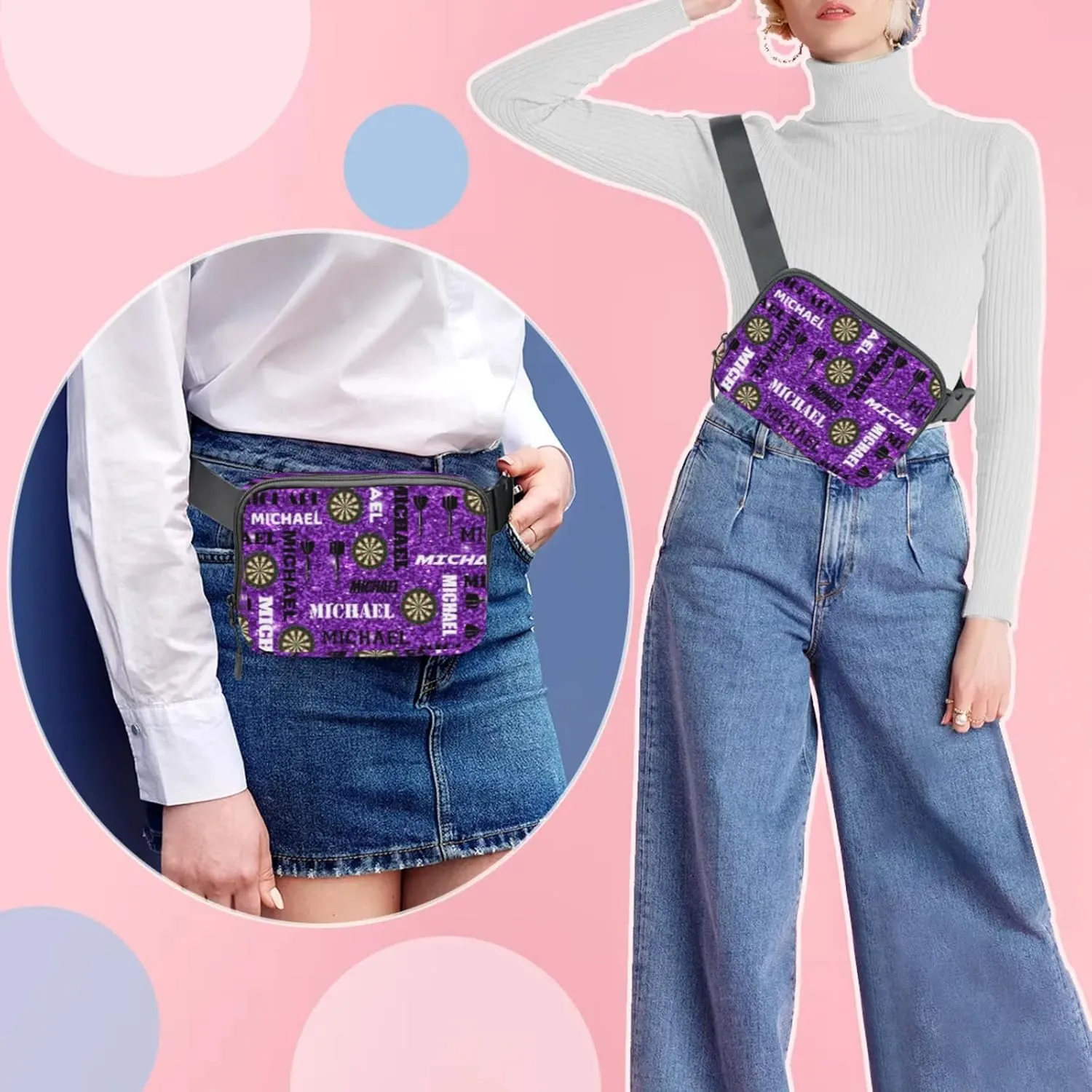Custom Darts Fanny Pack for Women Men, Personalized Name Waist Packs Crossbody Belt Bag with Adjustable Strap for Sports Travel Workout Running Hiking, Glitter Purple