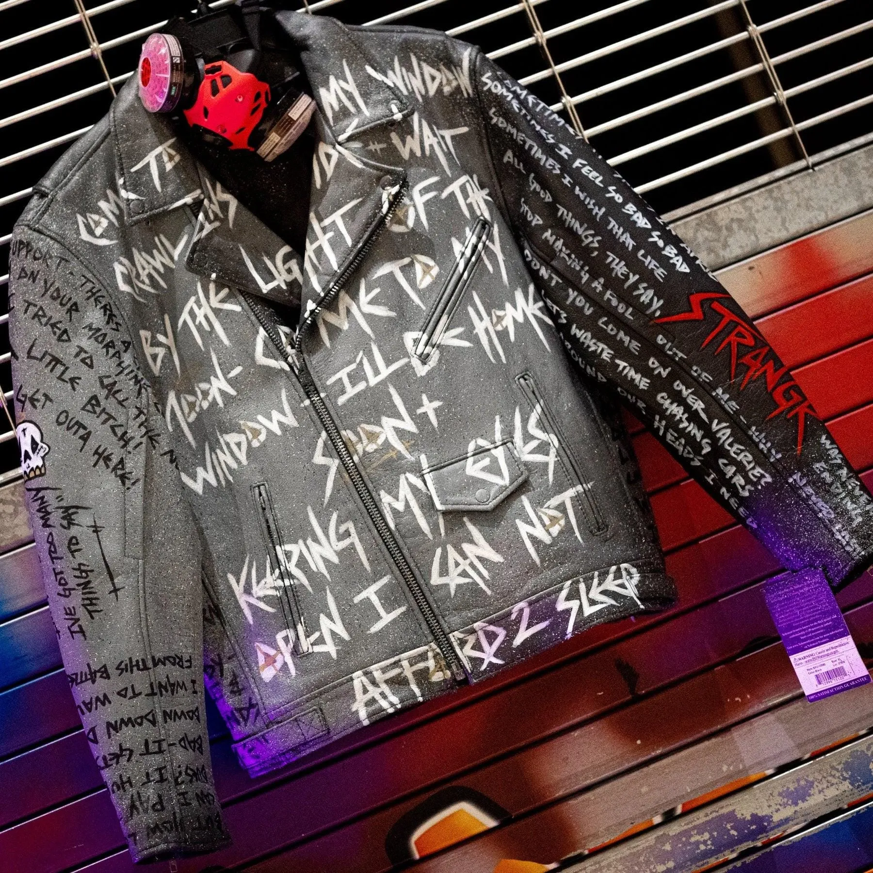 Custom Hand-Painted Graffiti Leather Jacket – Punk Rock Streetwear, Stranger Quotes Design, Edgy Artistic Biker Jacket, Unique Urban Fashion