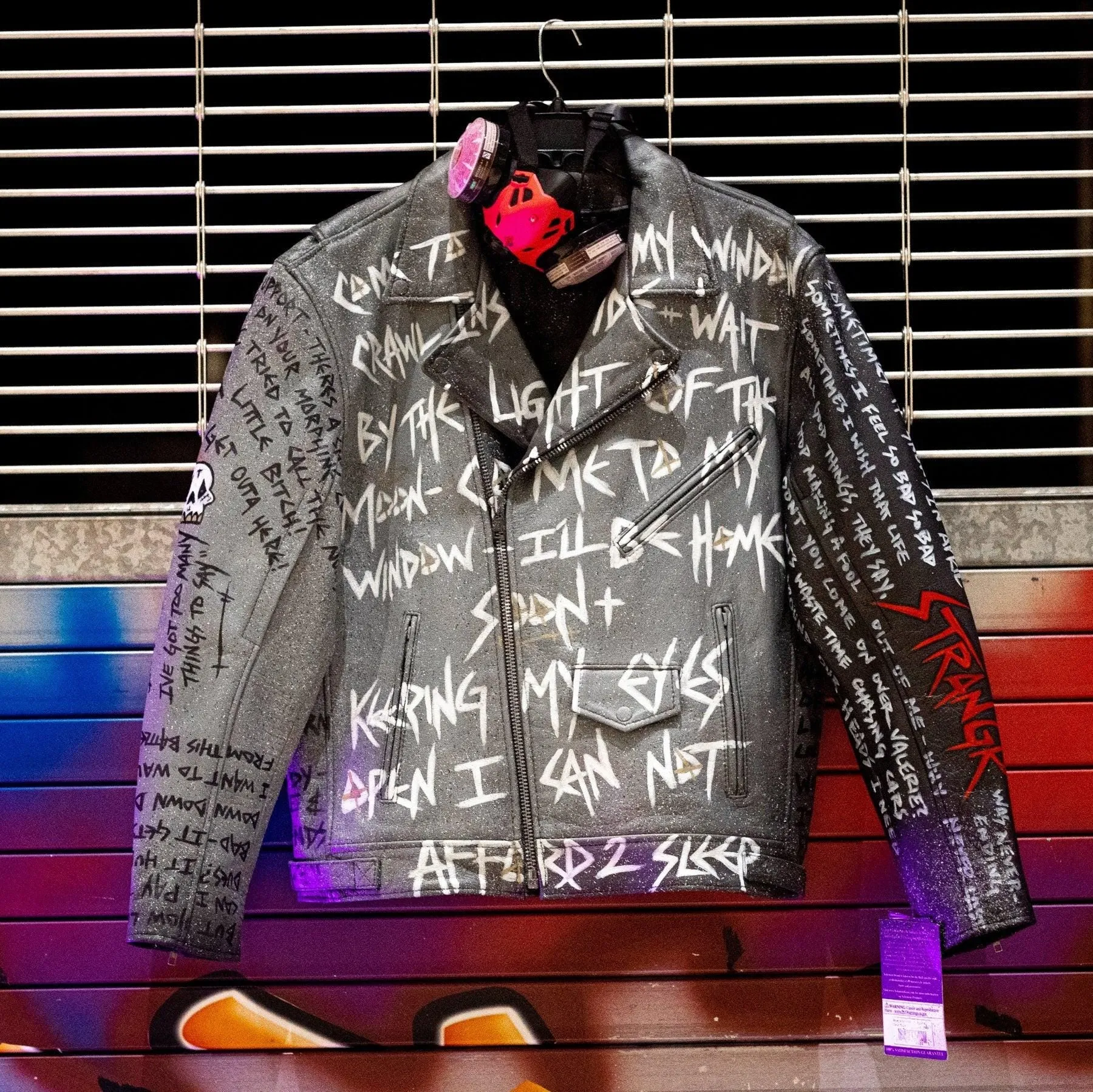 Custom Hand-Painted Graffiti Leather Jacket – Punk Rock Streetwear, Stranger Quotes Design, Edgy Artistic Biker Jacket, Unique Urban Fashion