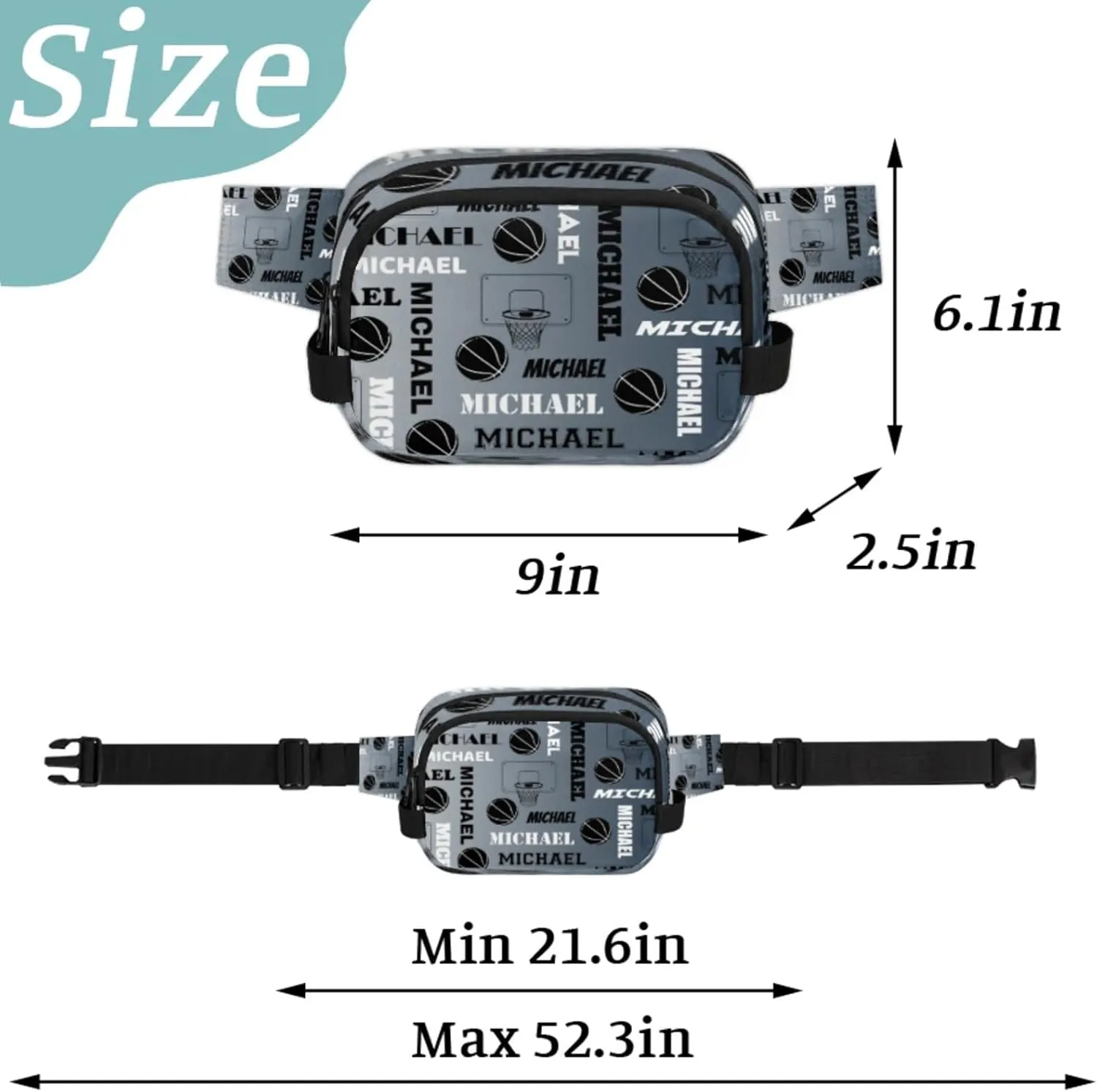 Custom Name Basketball Waist Packs for Women Men, Personalized Belt Bag Crossbody Fanny Pack with Adjustable Strap for Sports Workout Hiking, Black Grey