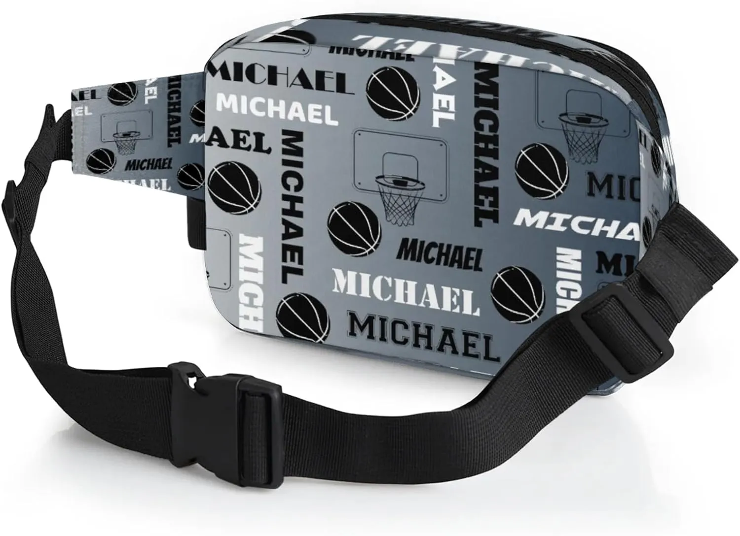 Custom Name Basketball Waist Packs for Women Men, Personalized Belt Bag Crossbody Fanny Pack with Adjustable Strap for Sports Workout Hiking, Black Grey