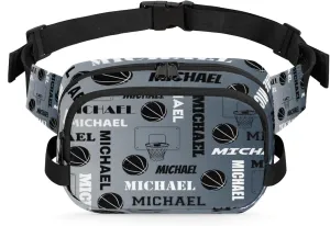 Custom Name Basketball Waist Packs for Women Men, Personalized Belt Bag Crossbody Fanny Pack with Adjustable Strap for Sports Workout Hiking, Black Grey