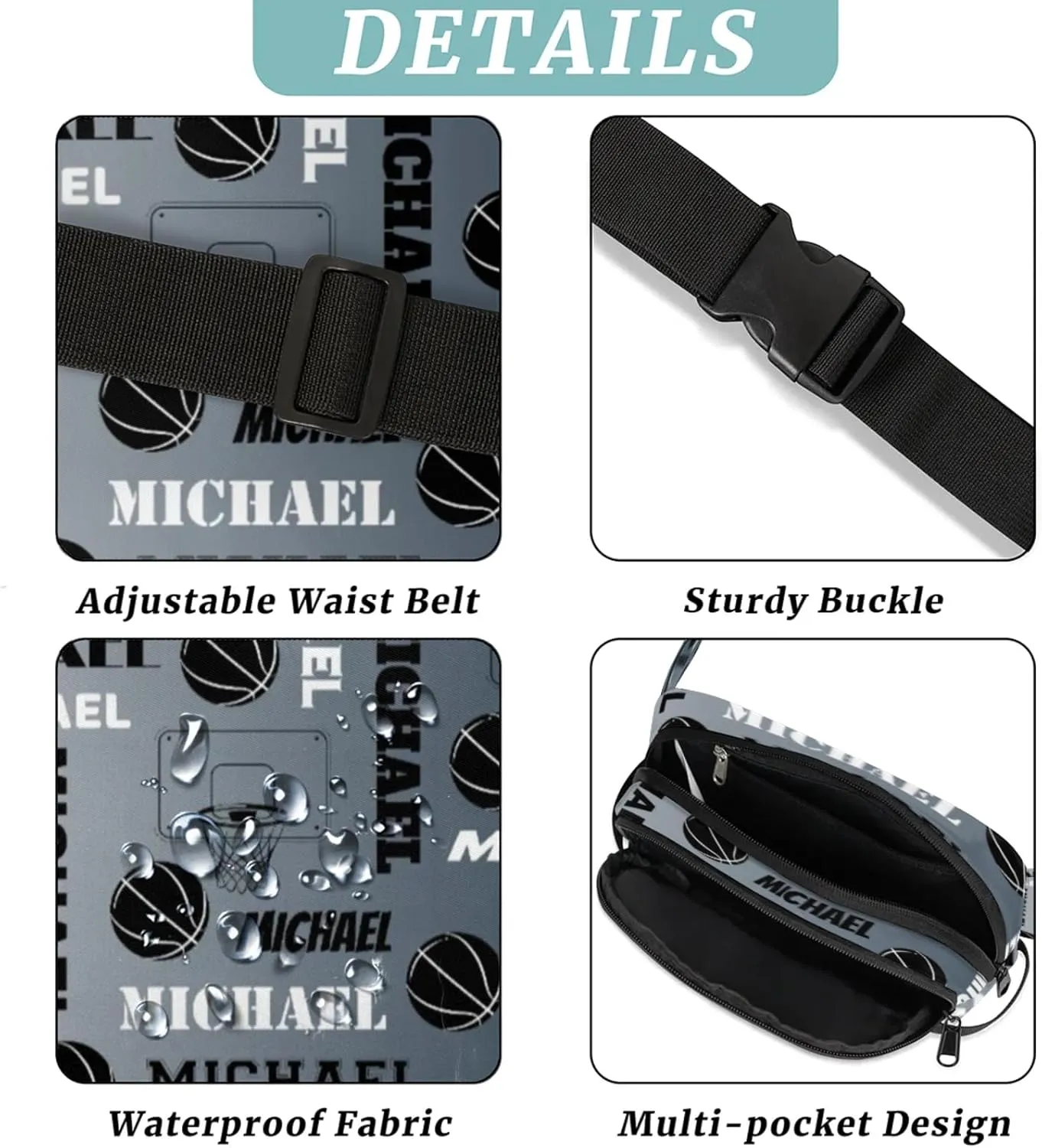 Custom Name Basketball Waist Packs for Women Men, Personalized Belt Bag Crossbody Fanny Pack with Adjustable Strap for Sports Workout Hiking, Black Grey