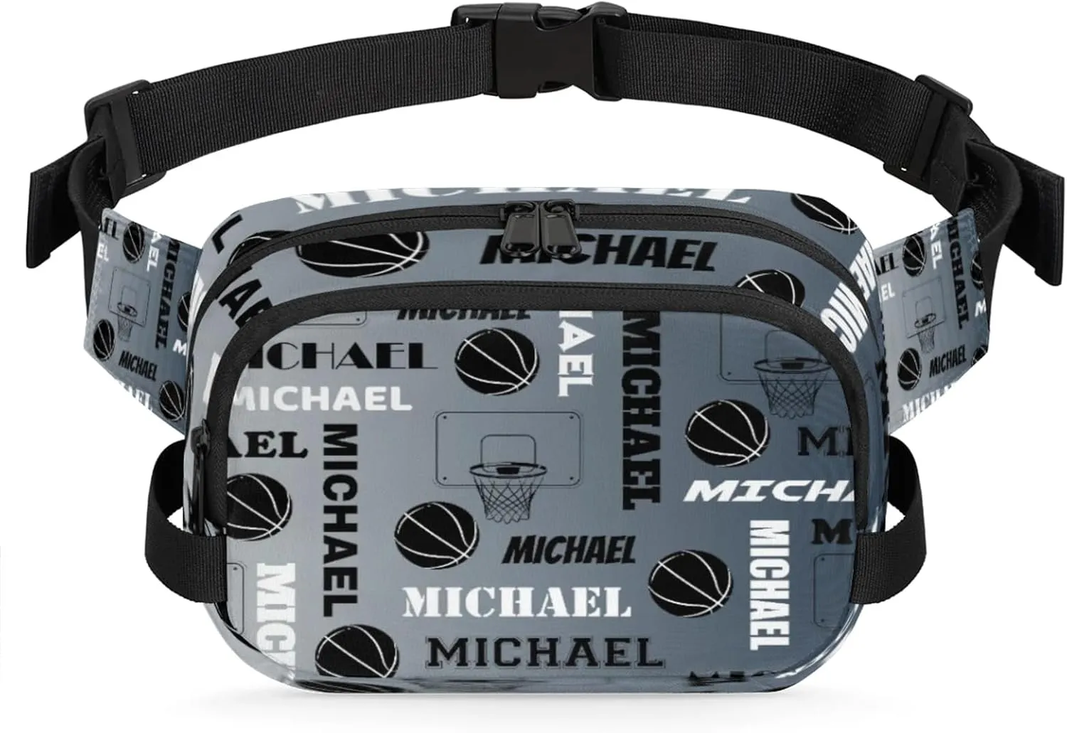 Custom Name Basketball Waist Packs for Women Men, Personalized Belt Bag Crossbody Fanny Pack with Adjustable Strap for Sports Workout Hiking, Black Grey
