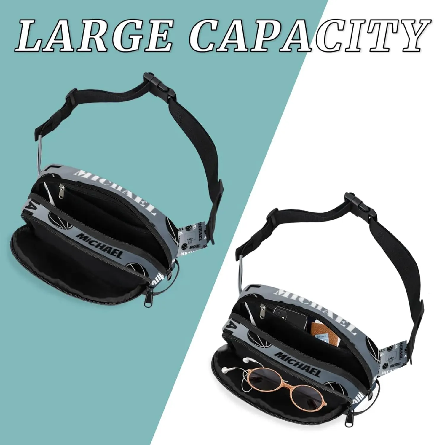 Custom Name Basketball Waist Packs for Women Men, Personalized Belt Bag Crossbody Fanny Pack with Adjustable Strap for Sports Workout Hiking, Black Grey