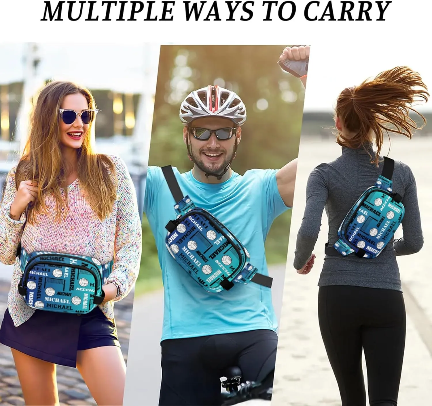 Custom Volleyball Waist Packs for Women Men, Personalized Name Fanny Pack Crossbody Belt Bag with Adjustable Strap for Sports Workout Traveling, Blue
