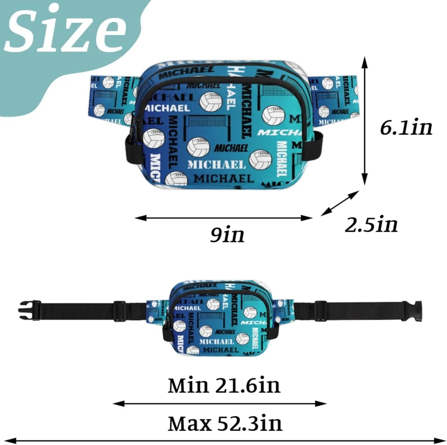 Custom Volleyball Waist Packs for Women Men, Personalized Name Fanny Pack Crossbody Belt Bag with Adjustable Strap for Sports Workout Traveling, Blue